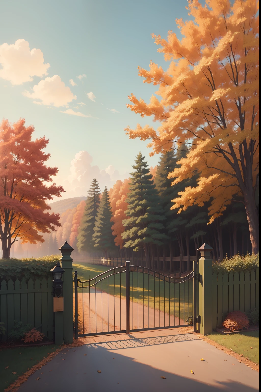 A painting of an autumn landscape, green trees and autumn trees, a fence with closed gate, afternoon light.