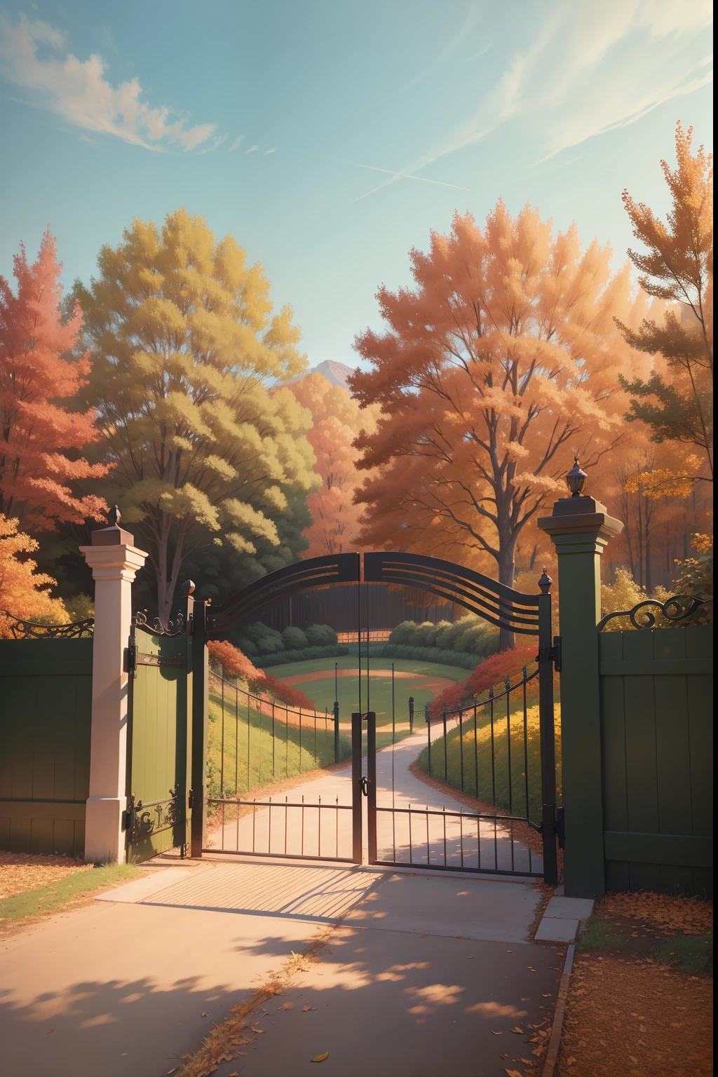 A painting of an autumn landscape, green trees and autumn trees, a fence with closed gate, afternoon light.
