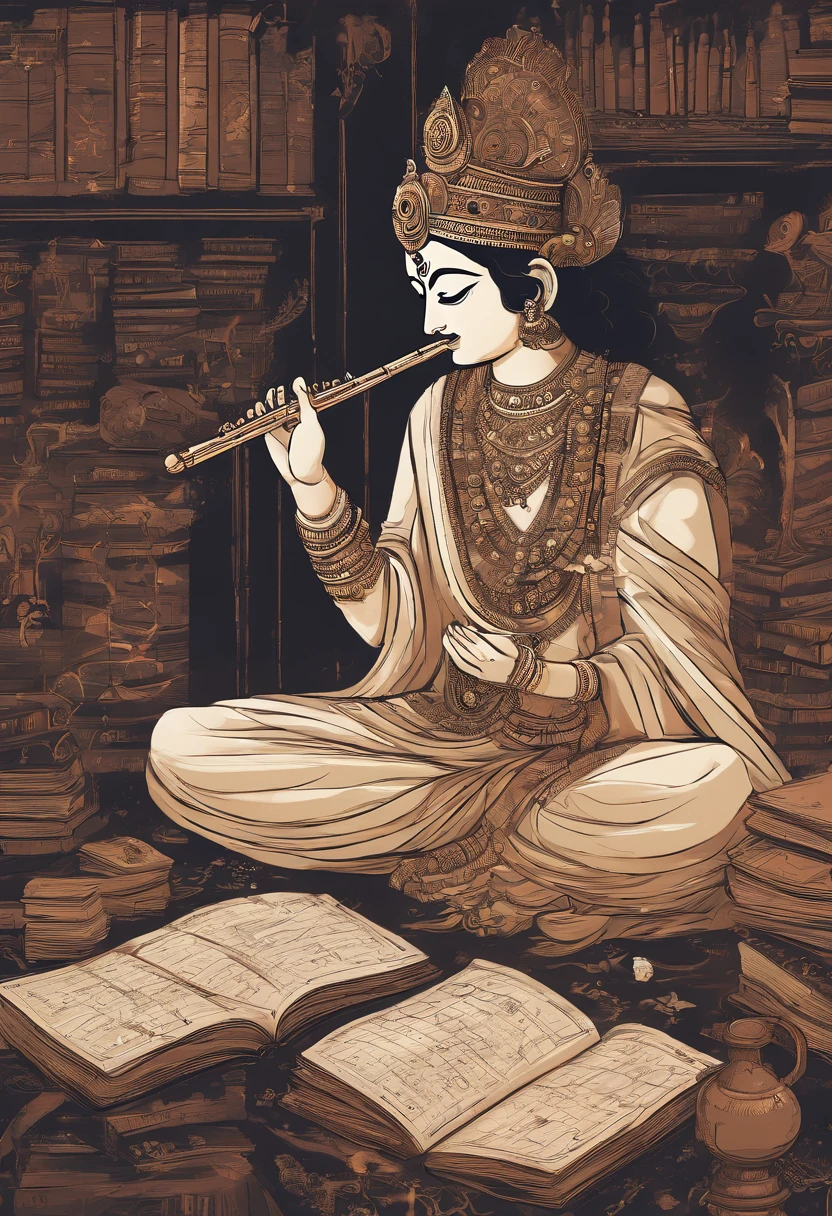 An artistic depiction of Lord Krishna playing his flute, surrounded by books, pens, and a chalkboard with mathematical equations in the background.