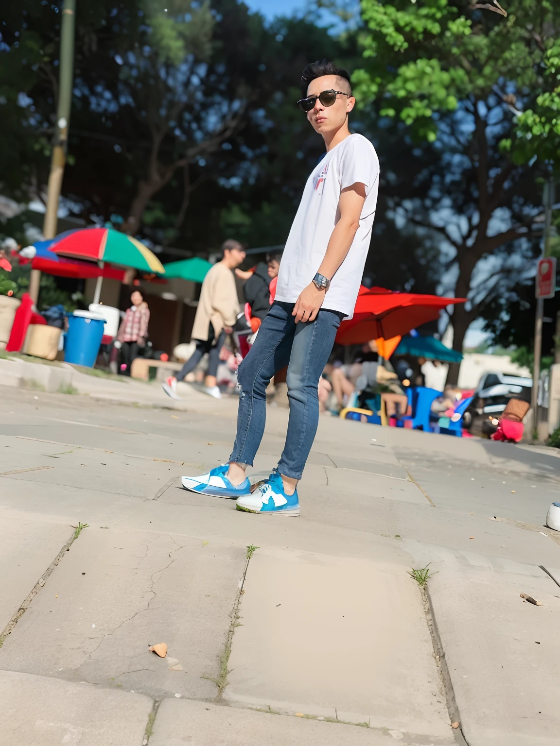 there is a man standing on a skateboard on a stone walkway, casual photography, standing in street, blue jeans and grey sneakers, standing on the street, with a cool pose, standing in a city center, wide angle full body, tight blue jeans and cool shoes, low angle!!!!, standing on street corner, standing in the street, cool pose, casual pose