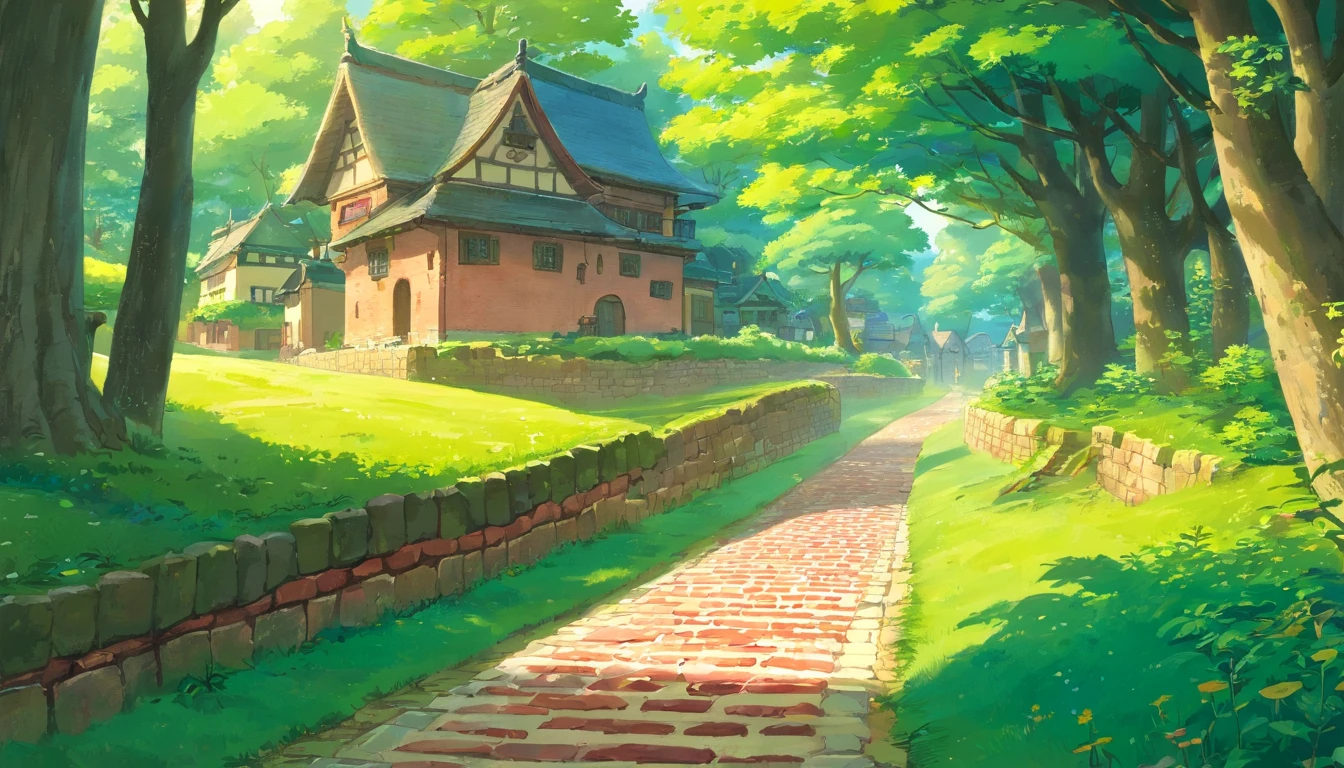 side view of brick road with a small stone wall and buildings alongside it with an ambient forest background