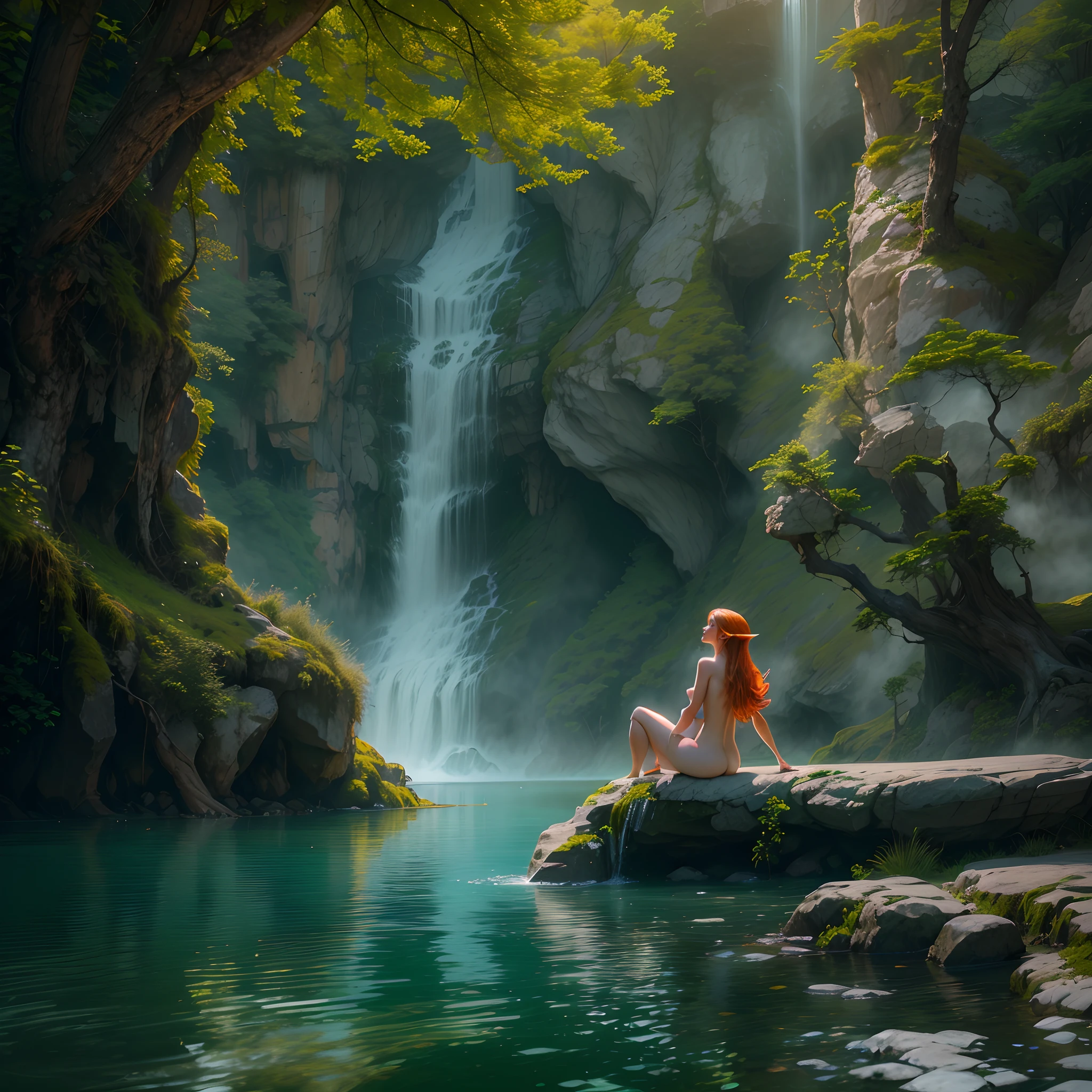 A beautiful naked mature redhead elf bathing in a mesmerising lake, (mature face:1.4), a serene, otherworldly realm hidden deep within a lush, ancient forest. Envision a landscape where emerald-green trees tower over a series of cascading waterfalls, each one more breathtaking than the last. Amidst this natural splendor, mystical hot springs bubble with vibrant, ethereal colors