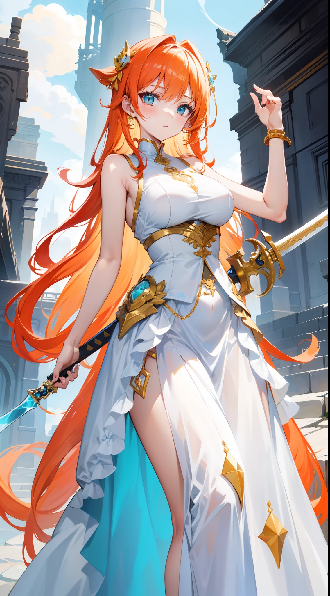 young girl, llong orange hair, Cyan eyes, white fencing dress, Sleeveless, open breasts, long skirt, sword, Gold Elements, gems, Masterpiece, hiquality