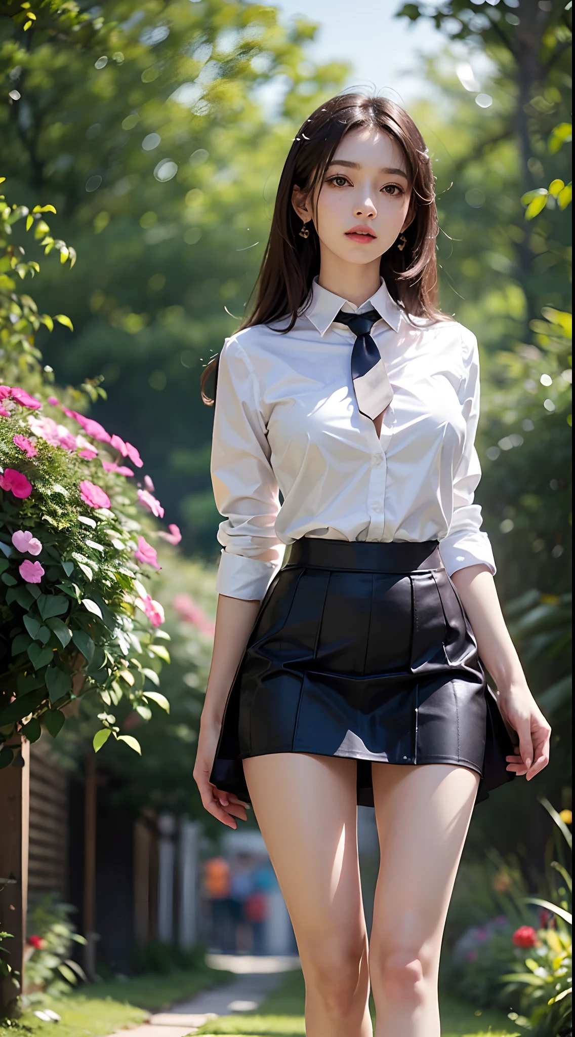 ((from below)), ((full body)), ((realistic)), 1girl, Nice face, slender leg, slim toned body, Delicate skin, long whitr hair, 耳Nipple Ring, 鎖骨, (Suits, The shirt, pleatedskirt), trpical garden, lawns, nevando, Background bokeh, cold light, (tmasterpiece, k hd)