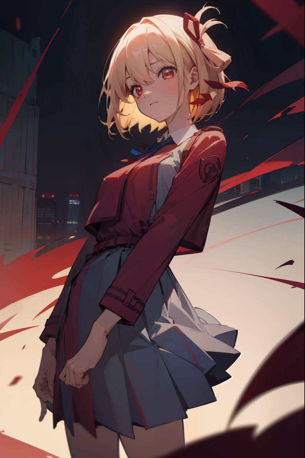 chisatonishikigi, nishikigi chisato, short hair, bangs, blonde hair, (red eyes:1.5), hair ribbon, one side up, bob cut,
BREAK shirt, long sleeves, dress, ribbon, white shirt, collared shirt, belt, neck ribbon, red dress, blue ribbon, pleated dress, grey dress, two-tone dress, red belt, lycoris uniform,,
BREAK outdoors, city,
BREAK looking at viewer, BREAK (masterpiece:1.2), best quality, high resolution, unity 8k wallpaper, (illustration:0.8), (beautiful detailed eyes:1.6), extremely detailed face, perfect lighting, extremely detailed CG, (perfect hands, perfect anatomy),