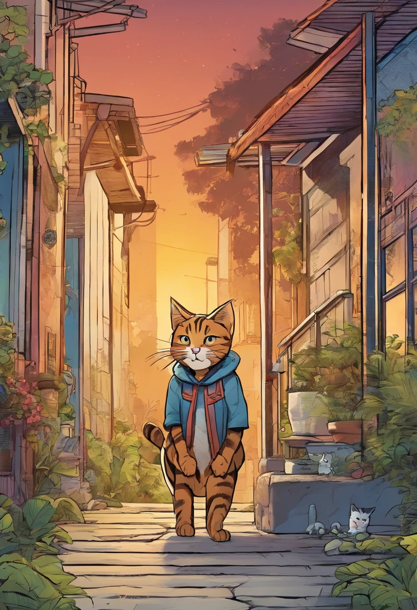 manga, Cartoon stories are represented by several irregular panels with colors. A stray tabby cat runs away from home and suffers hardships before being reunited with its owner. The style is exaggerated and detailed.