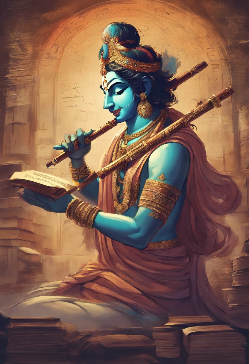 An artistic depiction of Lord Krishna playing his flute, surrounded by books, pens, and a chalkboard with mathematical equations in the background.