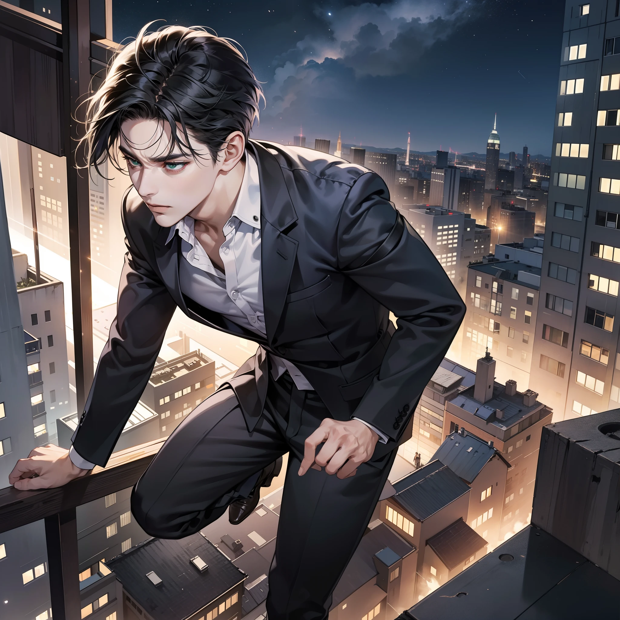 Masterpiece, high quality, best quality, HD, realistic, perfect lighting, detailed face, detailed body, 1 man, suit, shoulder-length black hair, green eyes, serious expression, standing on the top of the building, as if to jump off the building, the glittering light illuminates the night, the man's eyes are full of a mixture of determination and vulnerability, staring into the distance, the vista