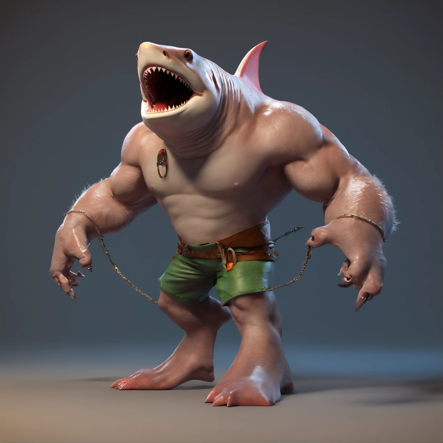 a full body (head to feet) king shark with a hammer, a character portrait inspired by Justin Gerard, wearing bitcoin chain, Artstation, furry art, anthropomorphic shark, shark man, thresher shark human hybrid, 3D rendering of,Best quality