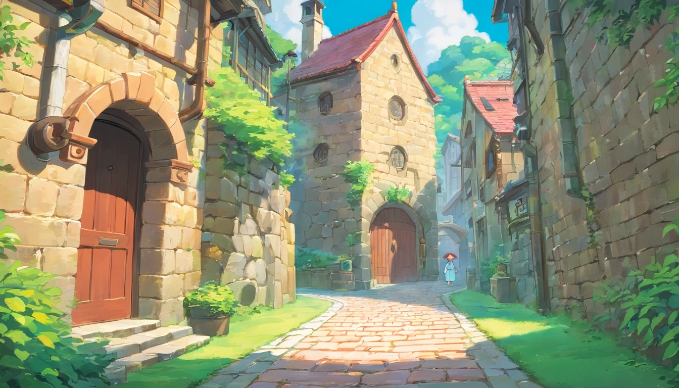 facing across point of view of grey stone brick road with a small stone wall and buildings alongside it