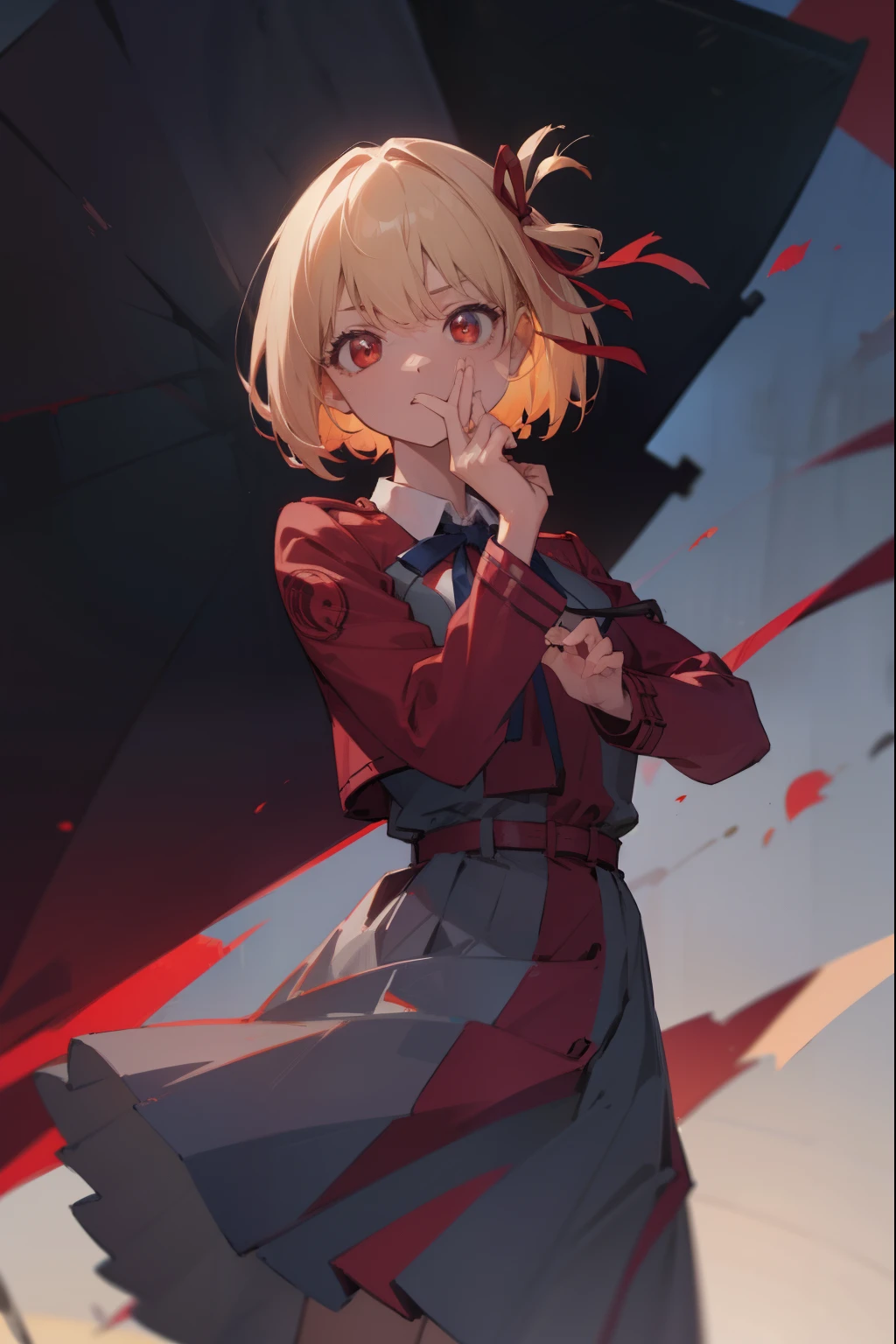 chisatonishikigi, nishikigi chisato, short hair, bangs, blonde hair, (red eyes:1.5), hair ribbon, one side up, bob cut,
BREAK shirt, long sleeves, dress, ribbon, white shirt, collared shirt, belt, neck ribbon, red dress, blue ribbon, pleated dress, grey dress, two-tone dress, red belt, lycoris uniform,,
BREAK outdoors, city,
BREAK looking at viewer, BREAK (masterpiece:1.2), best quality, high resolution, unity 8k wallpaper, (illustration:0.8), (beautiful detailed eyes:1.6), extremely detailed face, perfect lighting, extremely detailed CG, (perfect hands, perfect anatomy),