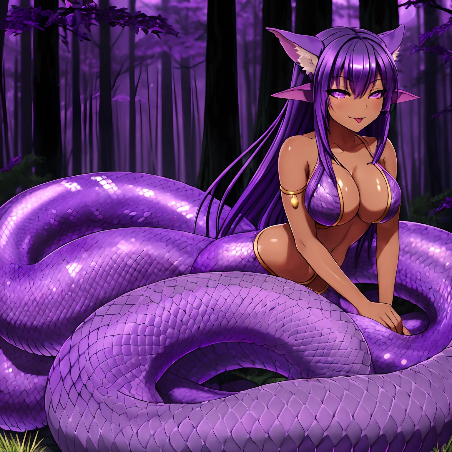 (lamia:1.2), scales,

full body, 


 1girl, :d, animal hug, black and purple hair, two tone hair, purple scales, open mouth, tongue, long tongue, purple tongue, purple eyes, night, moon, forest background, highres, brown skin, female focus, one eye closed, smug, solo, upper body, yuji \(fantasia\)