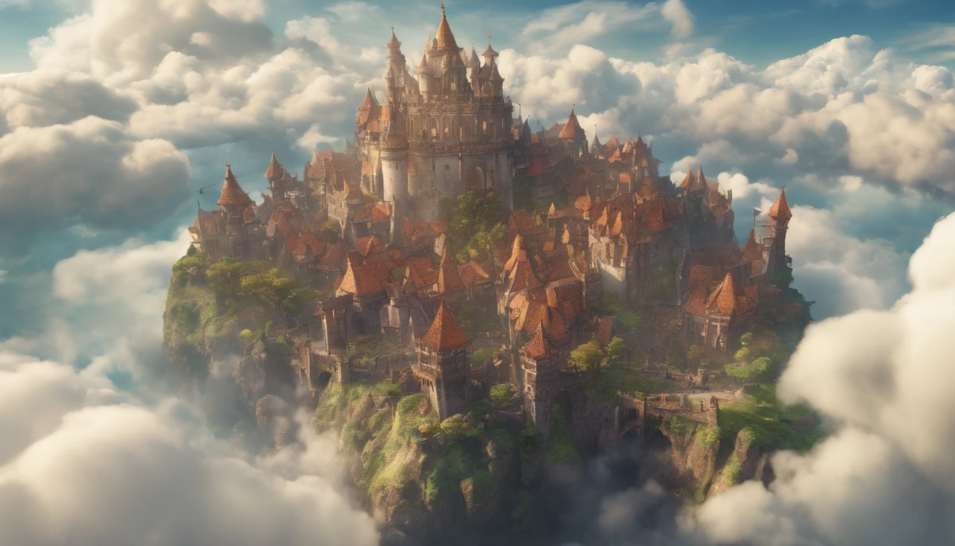 from above, best quality, a massive floating metropolis on top of a huge cumulonimbus clouds, kingdom of heaven, surrounded by cloud, busy traffic, futuristic, intricate details, unique architecture, soft tones, uhd, 8k
