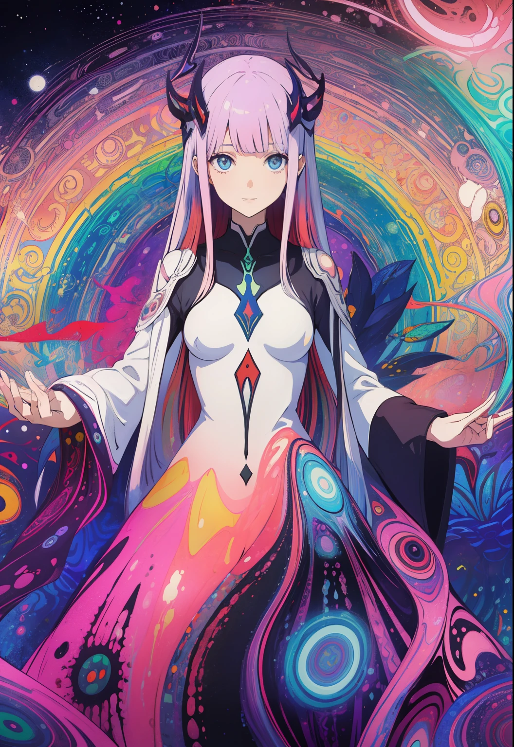 (psychedelic artwork:1.5), (de baixo:1.2), vestido intrincado, parte superior do corpo, olhos fechados, galaxy, cores e mandalas, zero2, darling in the franxx