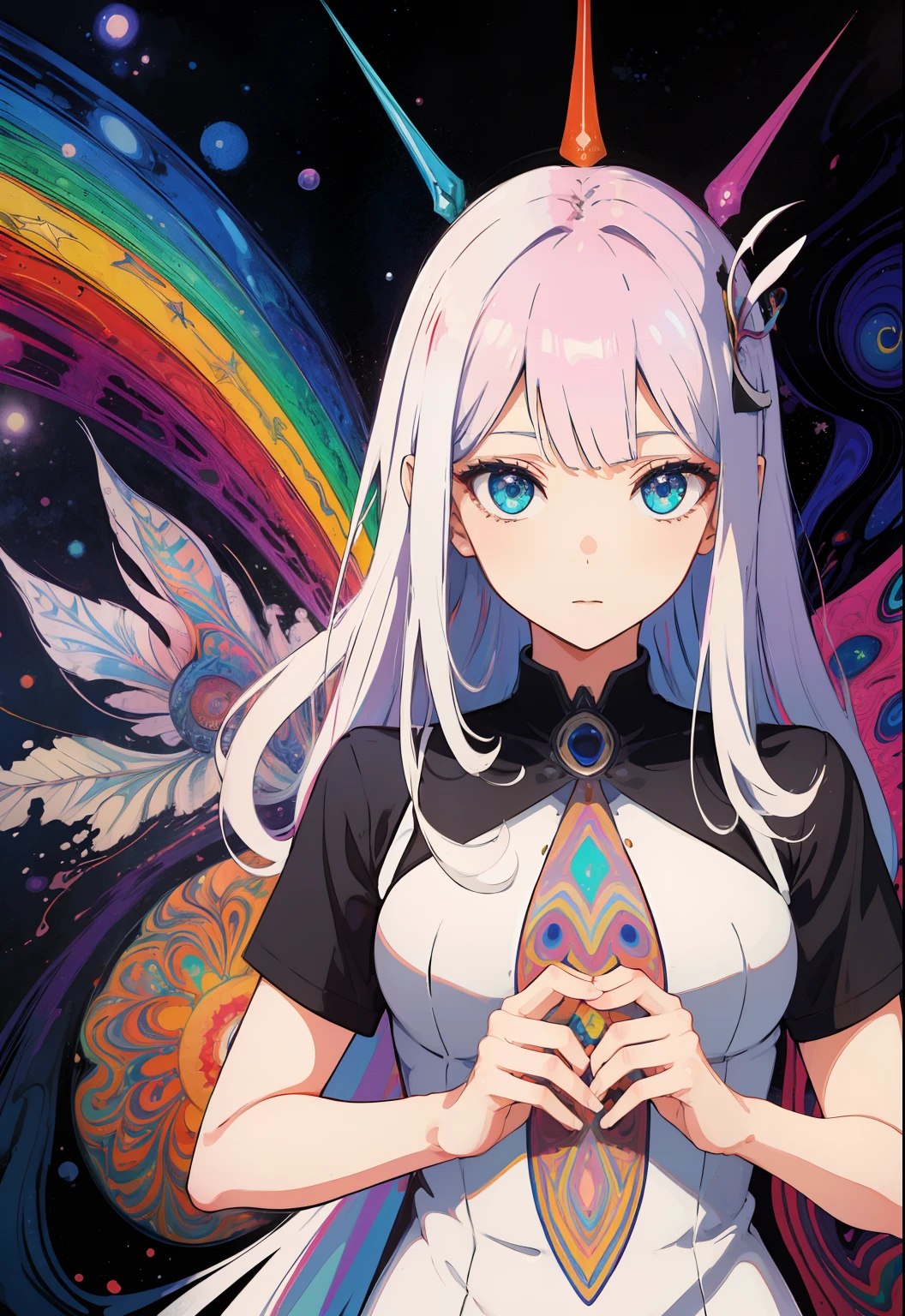 (psychedelic artwork:1.5), (de baixo:1.2), vestido intrincado, parte superior do corpo, olhos fechados, galaxy, cores e mandalas, zero2, darling in the franxx