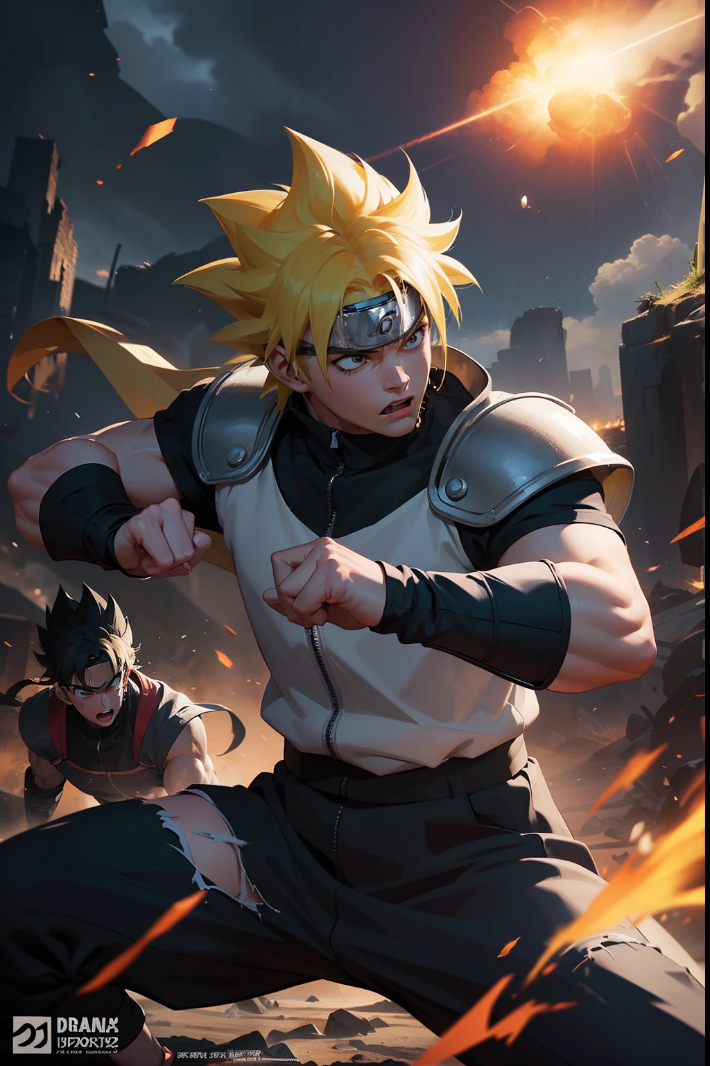 best quality,4k,8k,highres,masterpiece:1.2,ultra-detailed,physically-based rendering,sharp focus,extreme detail description,professional,vivid colors,bokeh,portraits,horror,anime,landscape,photography,concept artists,(martialartisticscenario:1.1),exciting battle scene,(intense action scene with flying debris and energy blasts:1.2),(fierce characters with muscular bodies:1.1),dynamic movements:1.1,(detailed eyes and facial features of characters:1.1),(spiky and colorful hairstyles:1.1),battle scars,(explosive energy aura surrounding characters:1.15),amazing fighting stances and poses,(scenic backgrounds with epic landscapes:1.1),dark atmosphere:0.9,contrast between light and shadow,(powerful and dramatic lighting:1.1),motion blur,(vibrant and saturated colors:1.05),eye-catching compositions,(elegant and flowing character clothing:1.1),dramatic camera angles,(speed lines and impact effects in the artwork:1.1),(majestic Dragonball and Naruto-inspired characters:1.1)