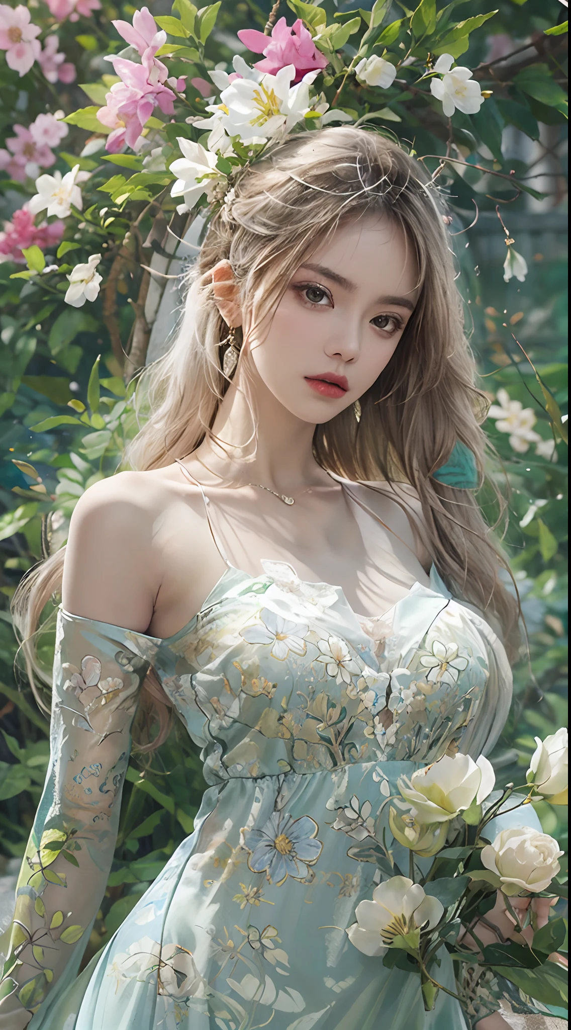 ((from below)), ((full body)), ((realistic)), ((off shoulder clothes)), 1girl, Nice face, slender leg, slim toned body, Delicate skin, long whitr hair, 耳Nipple Ring, 鎖骨, floating long dress, trpical garden, lot of flowers, lawns, nevando, Background bokeh, cold light, (tmasterpiece, k hd)