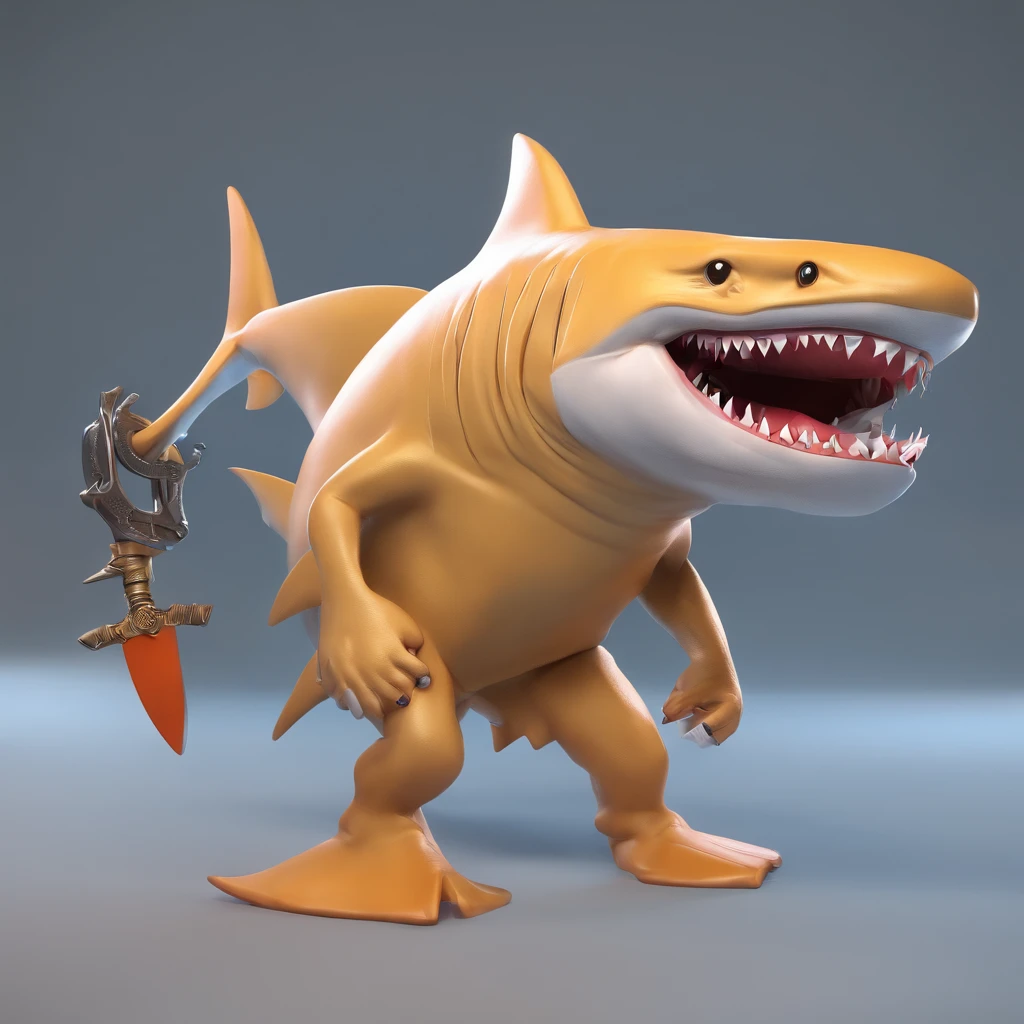 a full body (head to feet) king shark with a hammer, a character portrait inspired by Justin Gerard, wearing bitcoin chain, Artstation, furry art, anthropomorphic shark, shark man, thresher shark human hybrid, 3D rendering of,Best quality