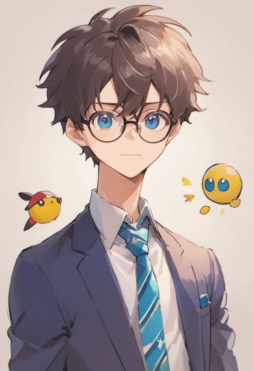 Anime boy with glasses and tie looking at the camera, inspirado em Okumura Togyu, anime moe artstyle, 2 d estilo anime, cara de anime alto com olhos azuis, inspirado em Okumura Masanobu, menino anime, jovem homem de anime, feito com anime painter studio, [[[[sorrindo malvado]]]], With eye Glasses
