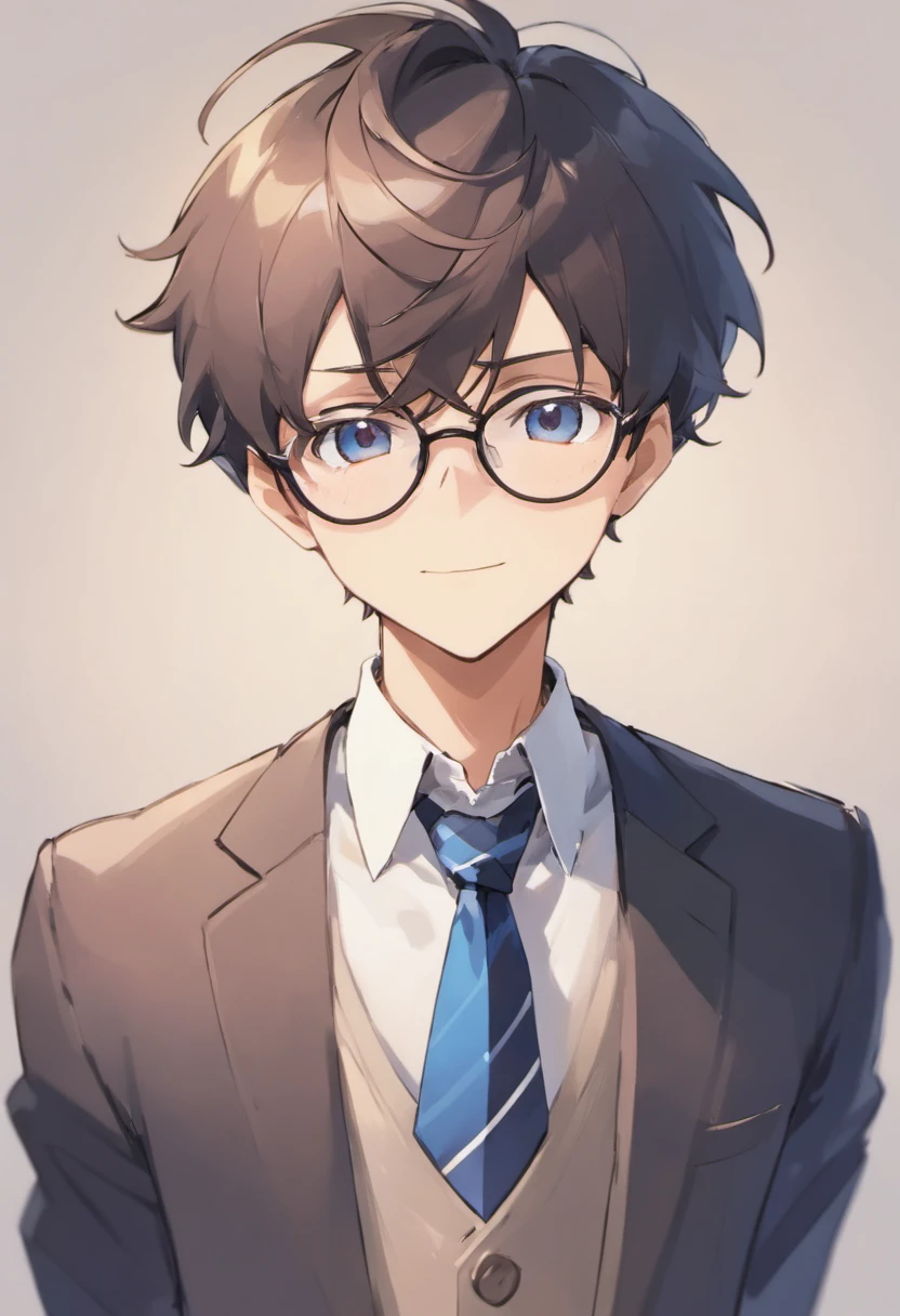 Anime boy with glasses and tie looking at the camera, inspirado em Okumura Togyu, anime moe artstyle, 2 d estilo anime, cara de anime alto com olhos azuis, inspirado em Okumura Masanobu, menino anime, jovem homem de anime, feito com anime painter studio, [[[[sorrindo malvado]]]], With eye Glasses