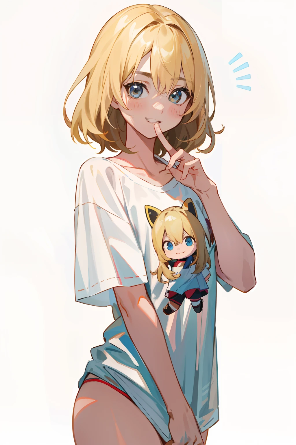 (8k、top-quality、top-quality、masterpiece、ighly detailed: 1.2)、女の子 1 人、The upper part of the body、A woman has an (Margot Robbie) Similar to、I'm wearing my boyfriend's shirt and panties、(naked shirts、Pulling the shirt)、full of shyness、half laugh、midday、 frombelow、blonde hair、a blond