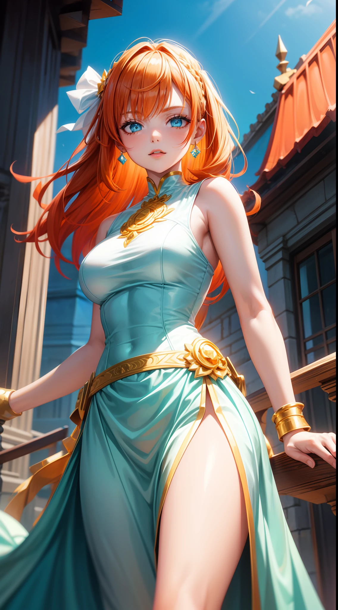 ((best quality)), ((masterpiece)), (detailed), detailed skin, Sapphire Eyes, Long Peach hair with thick waves, fluid dynamics, big breasts, brilliant golden halo, creative, tangled, get caught in, High_Lips, (fractal art:1.1), (aquamarine), (pink hair), (orange hair), highest detailed, (zentangle:1.2), (dynamic pose), (abstract background:1.3), (earrings:1.4), (Shiny white skin), tiffany blue, gold, rose, (better delicate eyes), (model body), ((close-up face)), happiness, (bright blue eyes), starry, Blue eyes, Ultra-realistic and vivid textures, hard curly, Lovely, ((Red dress)), (rose dress).