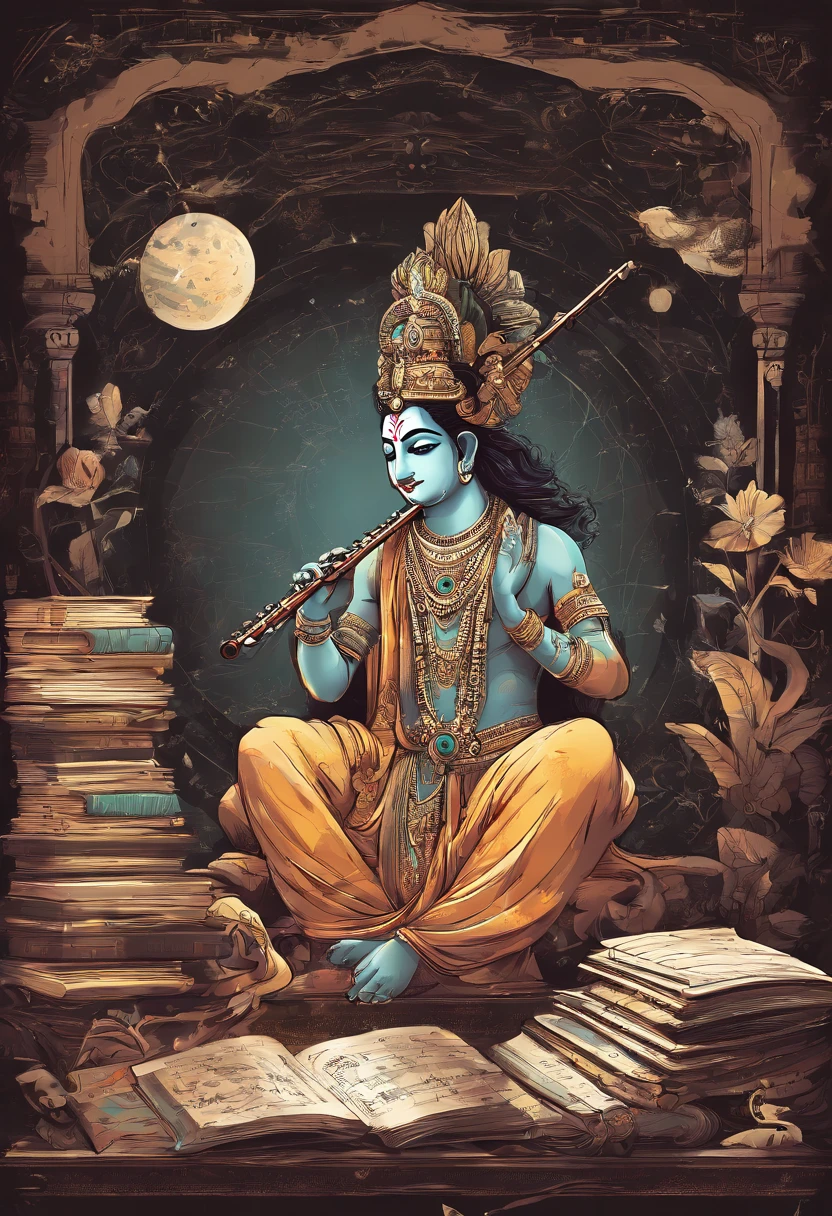 An artistic depiction of Lord Krishna playing his flute, surrounded by books, pens, and a chalkboard with mathematical equations in the background.