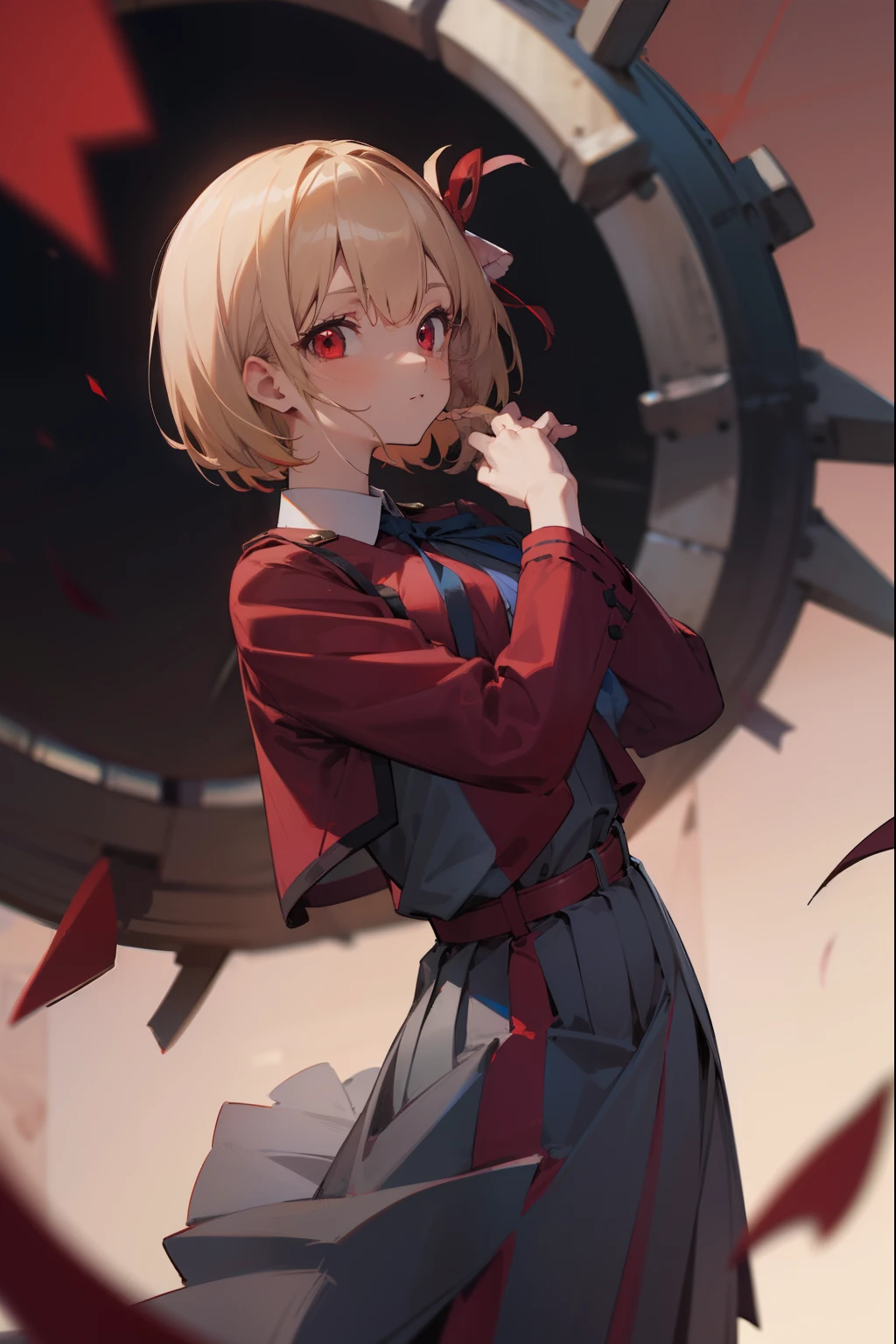 chisatonishikigi, nishikigi chisato, short hair, bangs, blonde hair, (red eyes:1.5), hair ribbon, one side up, bob cut,
BREAK shirt, long sleeves, dress, ribbon, white shirt, collared shirt, belt, neck ribbon, red dress, blue ribbon, pleated dress, grey dress, two-tone dress, red belt, lycoris uniform,,
BREAK outdoors, city,
BREAK looking at viewer, BREAK (masterpiece:1.2), best quality, high resolution, unity 8k wallpaper, (illustration:0.8), (beautiful detailed eyes:1.6), extremely detailed face, perfect lighting, extremely detailed CG, (perfect hands, perfect anatomy),
