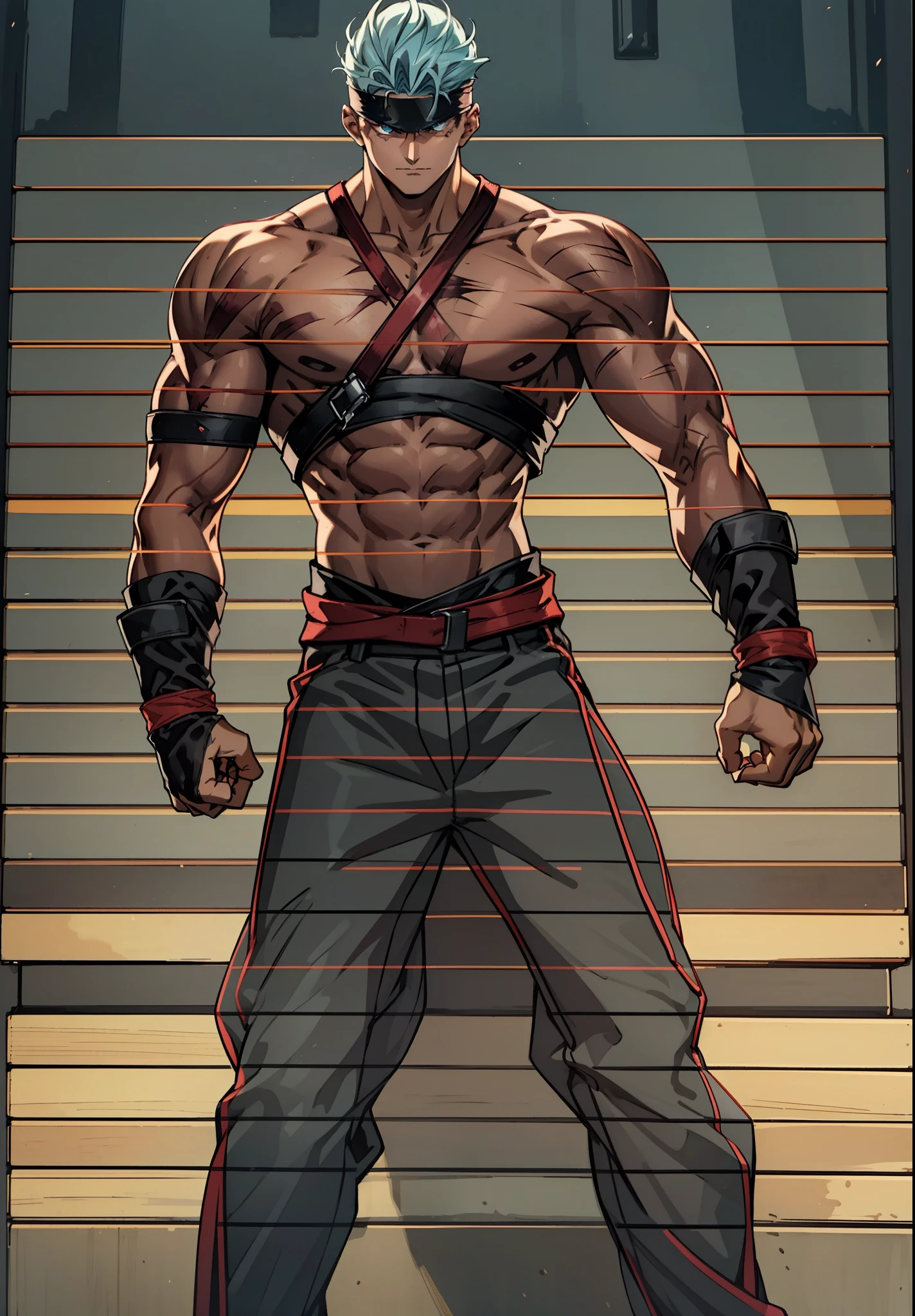 A strong young man with a wooden headguard, his gaze unwavering and fearless, His face bears a rugged appearance, His upper body is bare, with bandages wrapped around it, There are extensive burn scars on his right side, and his left hand bears multiple scars, On his left hand he wears a gauntlet with three extended claws, He has a Southeast Asian facial features, This character design embodies the appearance of a wild and savage persona in Japanese anime, characterized by a sophisticated and mature manga art style, high definition, best quality, highres, ultra-detailed, ultra-fine painting, extremely delicate, professional, anatomically correct, symmetrical face, extremely detailed eyes and face, high quality eyes, creativity, RAW photo, UHD, 8k, Natural light, cinematic lighting, masterpiece:1.5