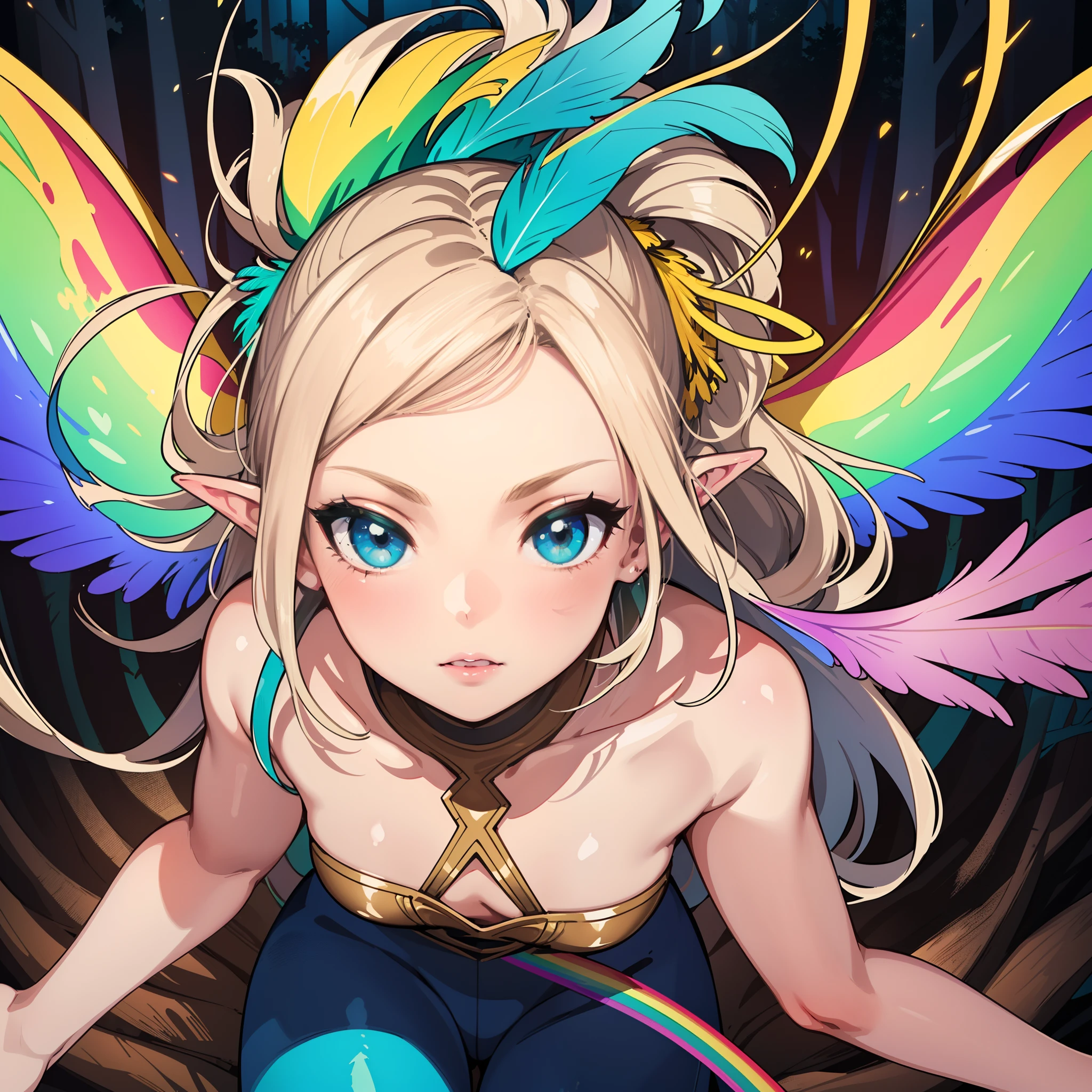 (chibi:1.1), (fantasy costume:1.5), elf ear:1.3, (wearing rainbow feather made of film:1.7), (wearing SEE-THROUGH transparent fairy wings:1.2), BRAKE Summer:1.6), A fairly is (Floating in aerial:1.6), flying over the sky:1.3, under zero gravity:1.1, aerial view of forest:1.3, BRAKE dynamic pose, dynamic angle, from above:1.7, full body shot, medium shot, BRAKE fantastic river:1.5, (fantasy forest field:1.8), female ballet dancer:1.5, BREAK (extremely detailed CG unity 8k portrait:1.3), (highly detailed fingers:1.3), (Masterpiece: 1.3), (ultra detailed face), (Exquisite Detail: 1.2), highly detail Eye, (Highest Quality:1.4), (Super-Resolution: 1.2), (super fine illustration:1.3), Eyelashes, Best Quality, super detailed skin
