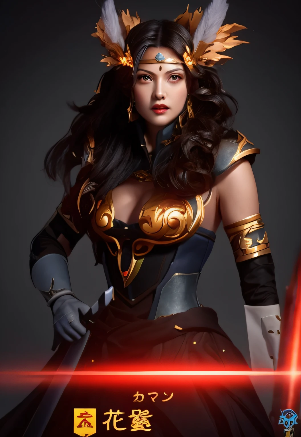 a close up of a woman in a costume with a sword, north adult female warrior