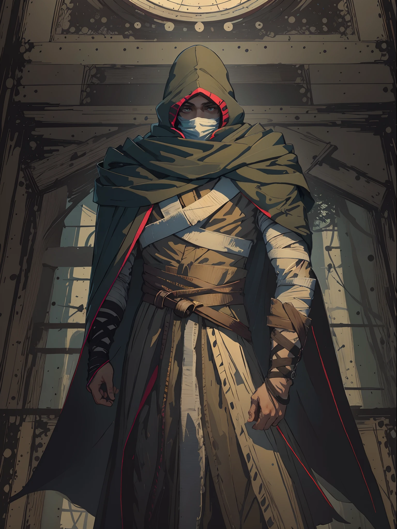 A man with his upper body wrapped in bandages, wearing a cloak that covers his face, revealing eyes that don't appear human, This character design is reminiscent of a wild and savage persona in Japanese anime, characterized by a sophisticated and mature manga art style, high definition, best quality, highres, ultra-detailed, ultra-fine painting, extremely delicate, professional, anatomically correct, symmetrical face, extremely detailed eyes and face, high quality eyes, creativity, RAW photo, UHD, 8k, Natural light, cinematic lighting, masterpiece:1.5