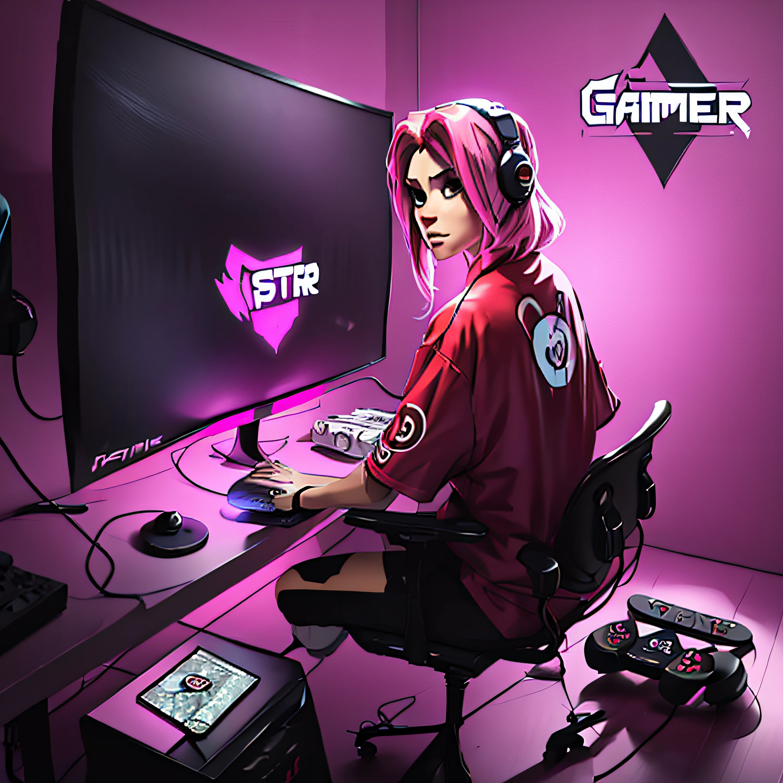 a female gamer logo and pink background, gamer themed, gamer logo, gamer, esports logo, video game avatar, gamer aesthetic, ig studios anime style, video game fanart, anime catgirl, video game character, games, esports , plays video games, twitch streamer, video game character design, e-sports logo vector, video game character, --auto