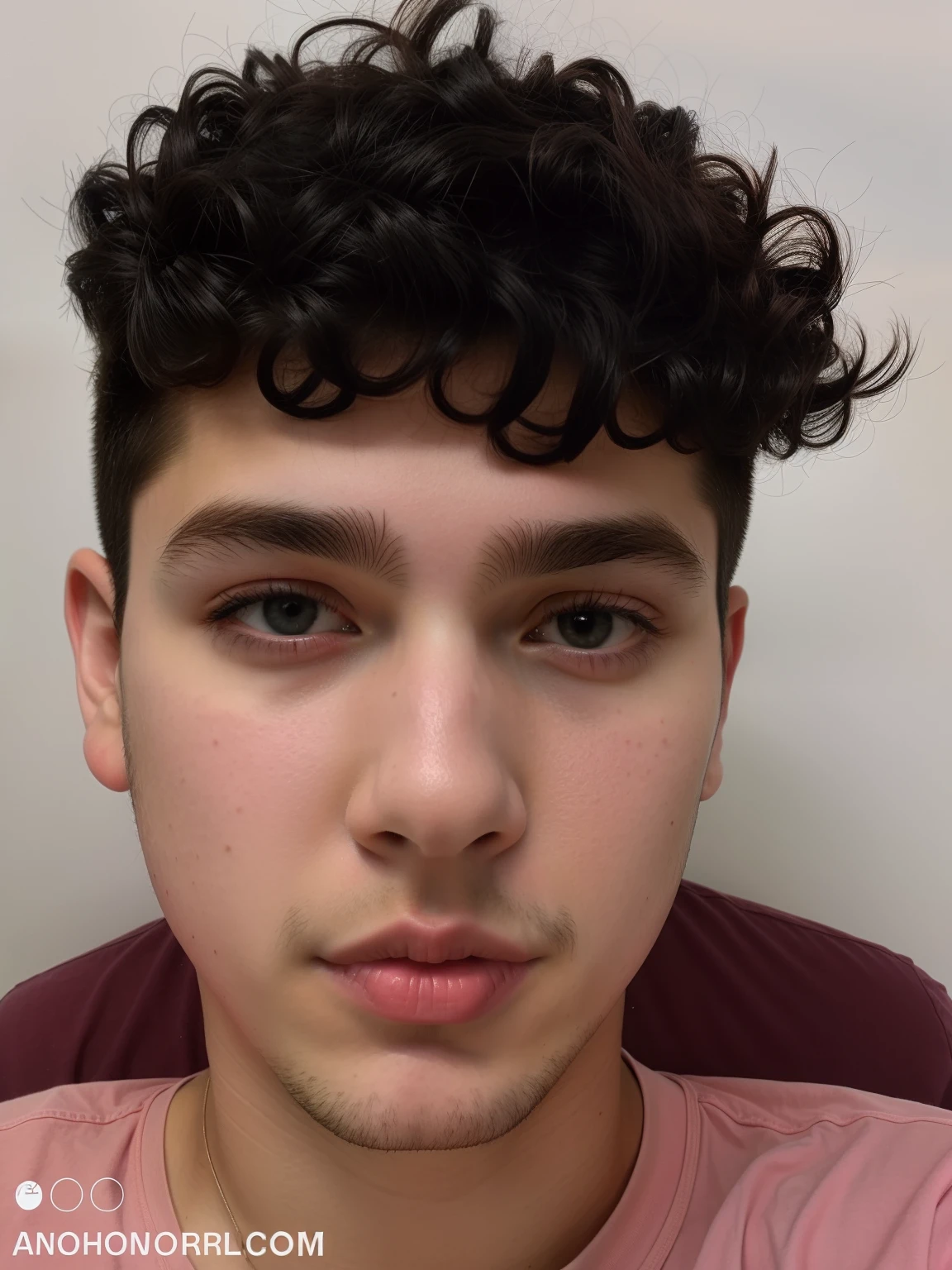 There's a young man in a pink shirt and curly black hair, 18 anos, em torno de 1 9 anos, 1 6 anos, 2 3 anos, 2 2 anos, 21 anos, com face normal, rosto raspado limpo, 2 7 anos, com rosto preciso,