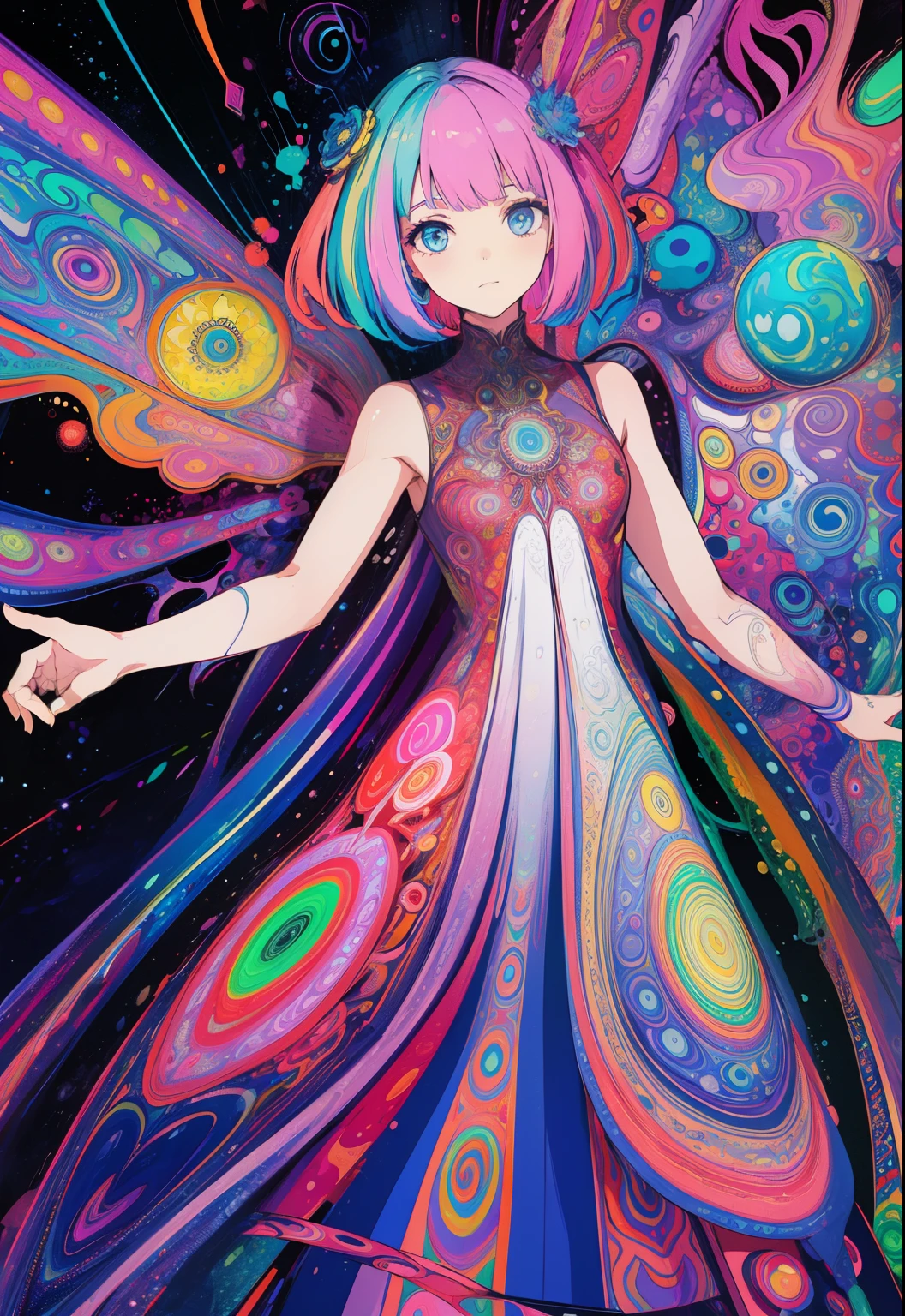 (psychedelic artwork:1.5), (de baixo:1.2), vestido intrincado, parte superior do corpo, olhos fechados, galaxy, cores e mandalas