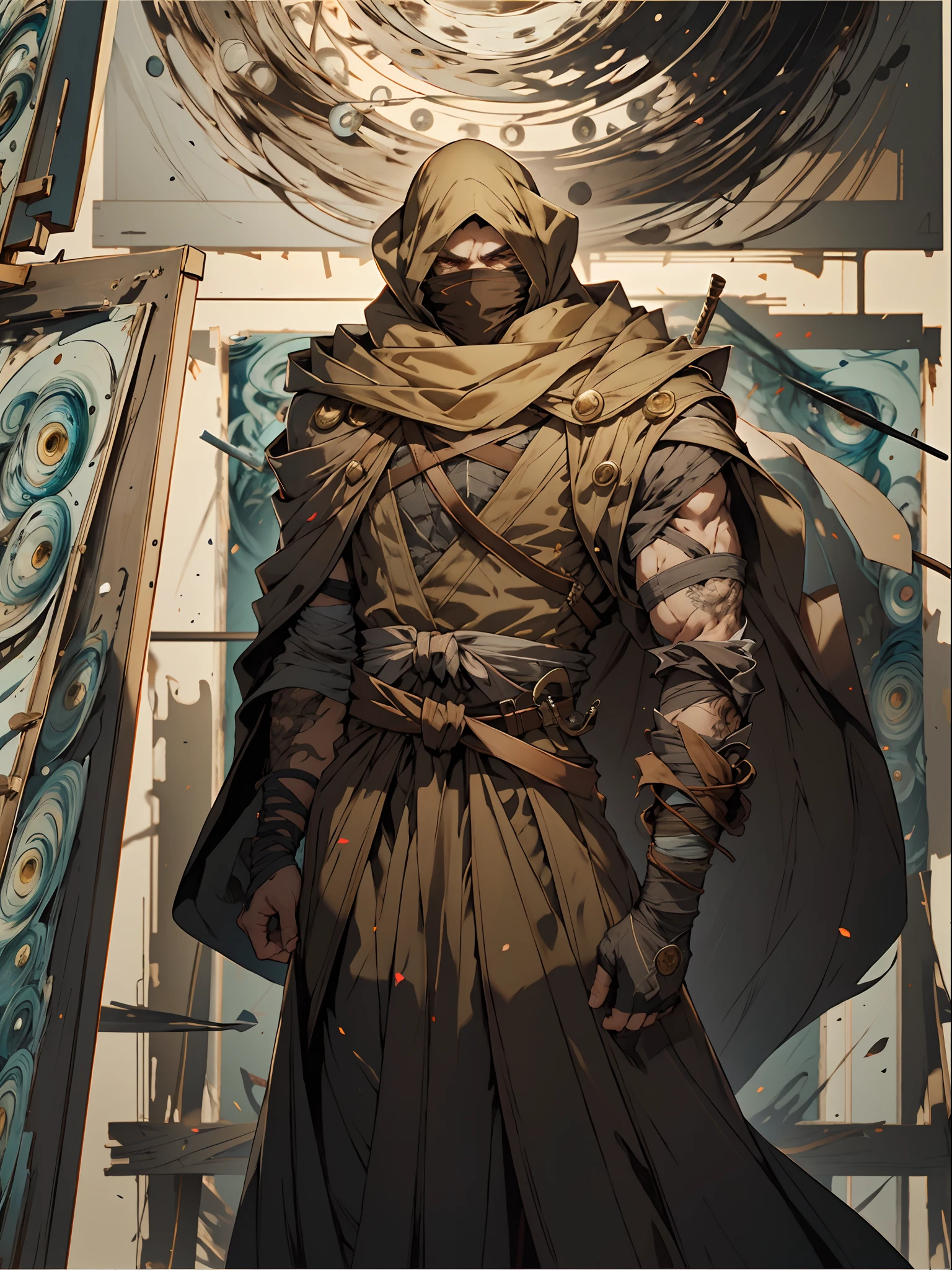 A man with his upper body wrapped in bandages, wearing a cloak that covers his face, revealing eyes that don't appear human, This character design is reminiscent of a wild and savage persona in Japanese anime, characterized by a sophisticated and mature manga art style, high definition, best quality, highres, ultra-detailed, ultra-fine painting, extremely delicate, professional, anatomically correct, symmetrical face, extremely detailed eyes and face, high quality eyes, creativity, RAW photo, UHD, 8k, Natural light, cinematic lighting, masterpiece:1.5