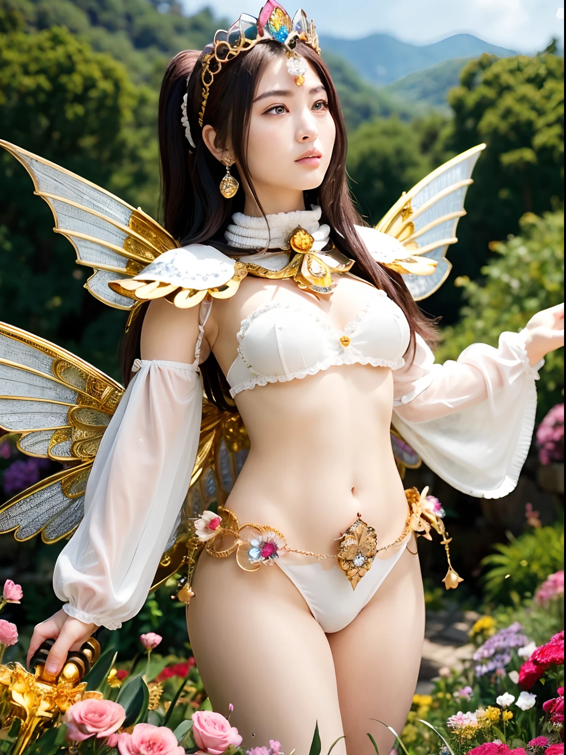 (maikurobikini), Professional , masterpiece、top-quality、photos realistic , depth of fields (Gemstone Flower Metal Body:1.4),(Matte White、Jewel Gold Weapon、(Gorgeous castle background)、(ultimate beauty girl)、(Flower rainbow fairy wings grow)、(Jewel Flower Metal Body:1.9),Gorgeous Jewel Metal Weapons , Detailed Sword of the Brave ,( a blond)、((Floral Micro Bikini))、Particles of light、(Beautiful flower garden background)、 adepta sororitas,Detail and ornate jewel crown、独奏、Brown hair、(Gangle's forest background)、Beautiful Caucasian beauty、1a person、dynamic ungle,(((Diamond tiara with detail and luxury)))、a small face、Powerful poses、(Gorgeous castle background)、huge filesize、20 year old beautiful woman、Thin female fingers、Straight long hair、Beautiful Caucasian beauty、Valley、Fairy of Light、Particles of light、