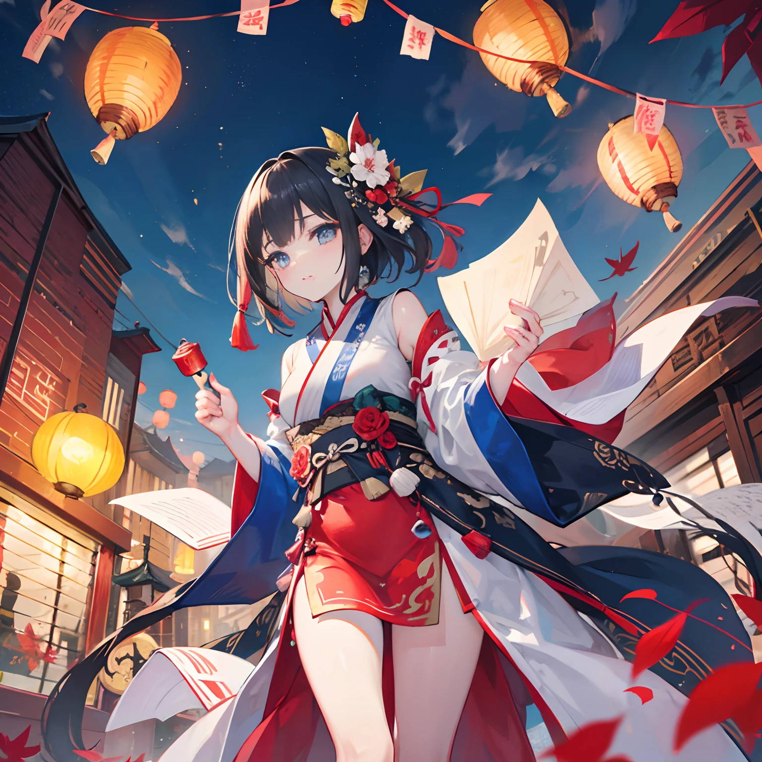 official art, unity 8k wallpaper, ultra detailed, beautiful and aesthetic, masterpiece, best quality, (Fire, water, ribbon, paper cutting), (fractal art:1.3) 1girl,building, (solo:1.5), chinese_clothes, sky, outdoors, wide_sleeves, black_hair, sunset, (falling_leaves:1.2), antern, (paper_lantern:1.5),blue sky, (outdoors:1.5),hanfu, (rainbow-candy:0.8), (style-swirlmagic:0.8),