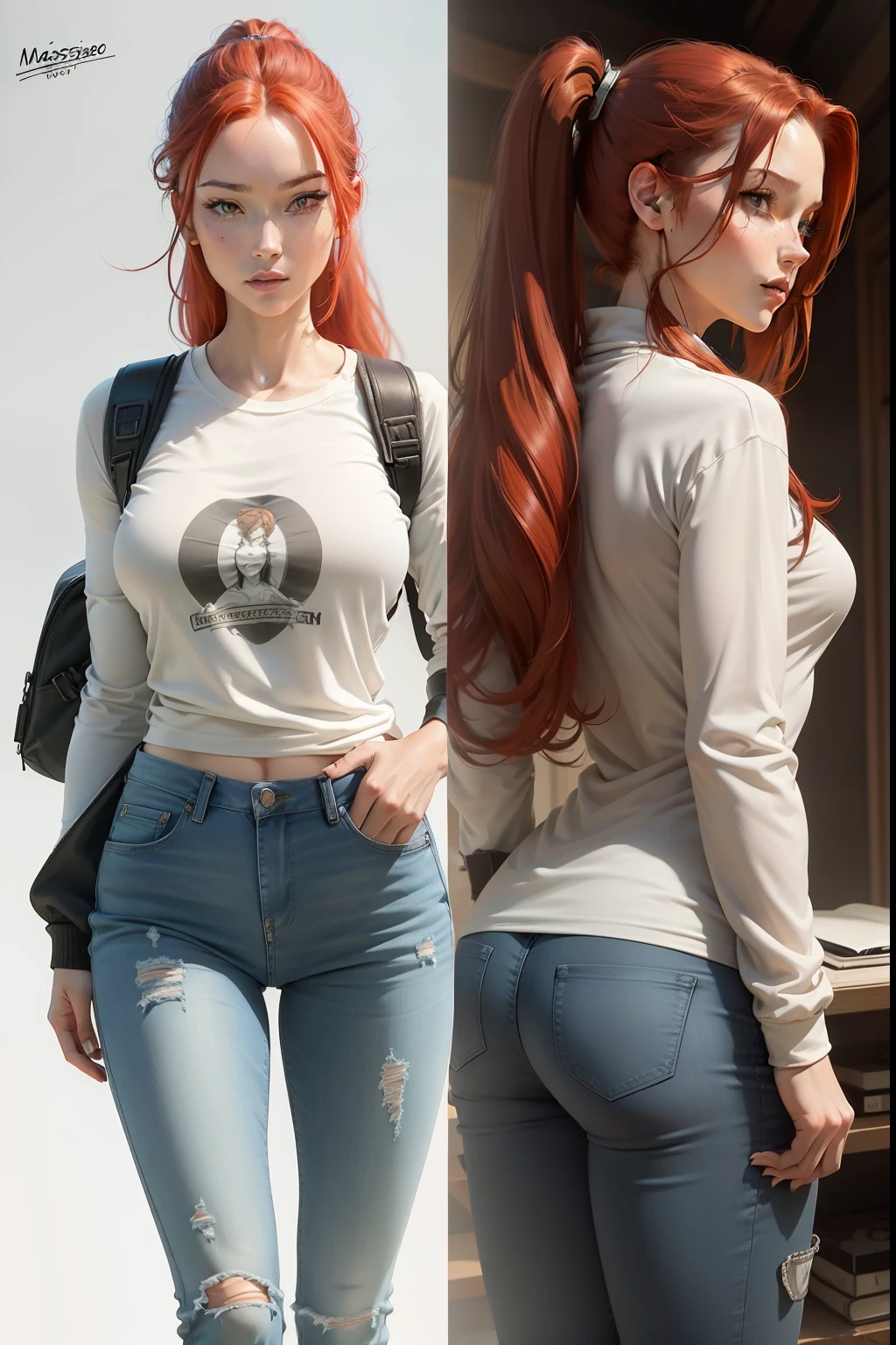 (draw) ((masterpiece, best quality)) (character design sheet, same character, front, side, back, with words written around it) a woman with long, red hair and a ponytail hairstyle, brown eyes, wearing a bulletproof vest, a long-sleeved T-shirt with the zipper closed, a white shirt and jeans, backpack, standing relaxing