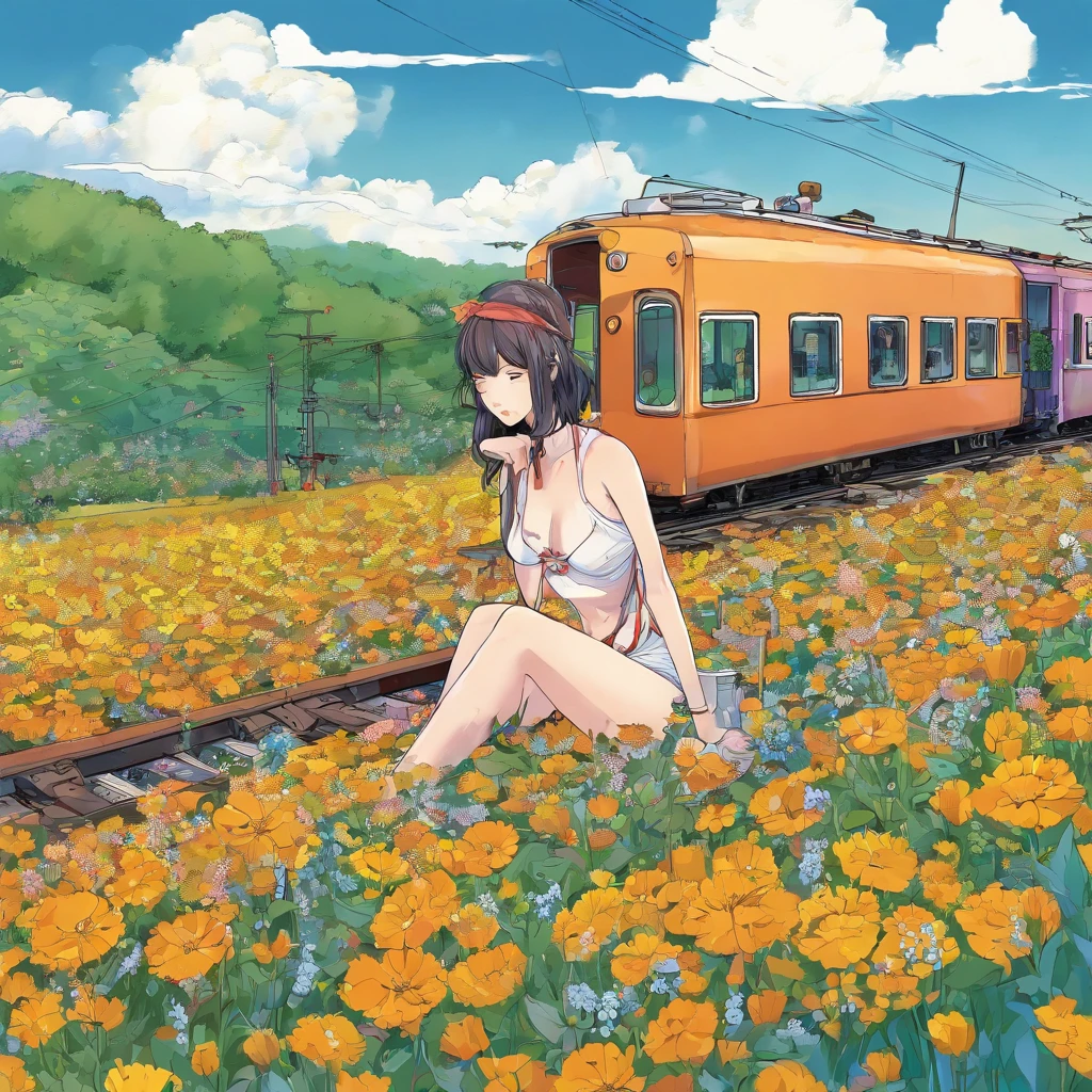 (Masterpiece, Best Quality:1.2), abandoned train, in a flower field, 1Girl, white bikini, sitting by a train, warm, 夏天, vibrant colours, Best lighting, best shadows