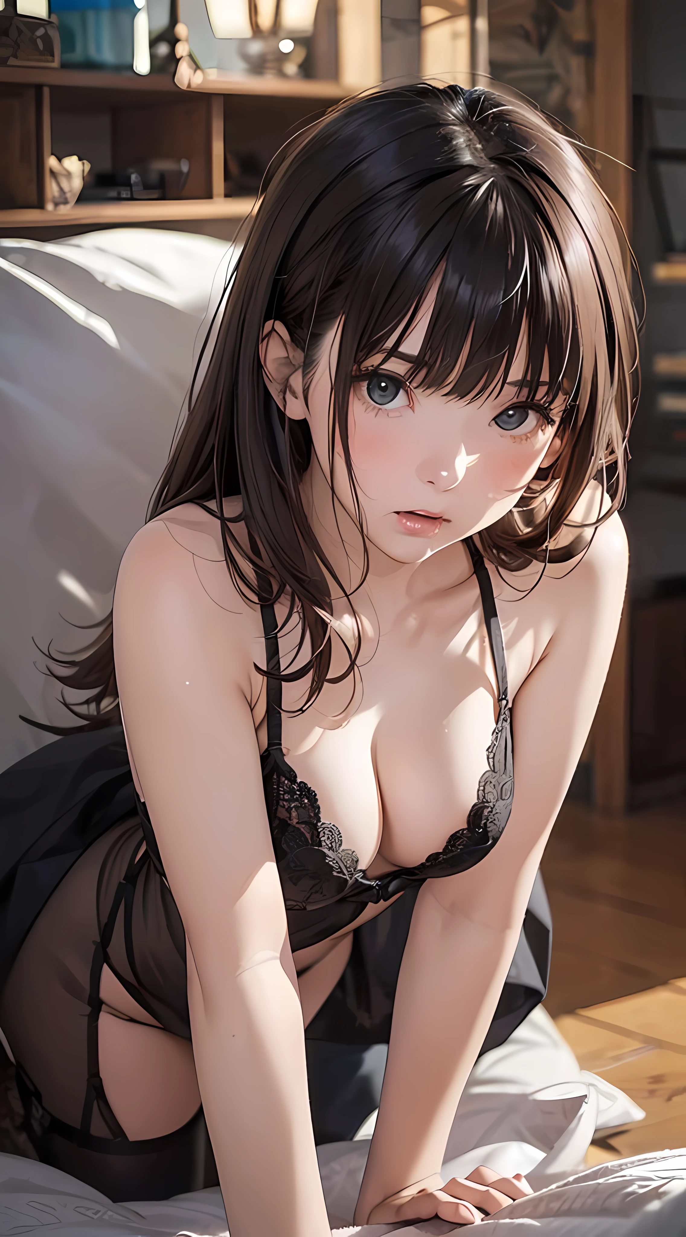 (1girl:1.3), cinematic light, (masterpiece, top quality, best quality, official art, beautiful and aesthetic:1.3), extreme detailed,highest detailed,(ultra-detailed),((an extremely delicate and beautiful)), ((Crouch down)), (dark night), ((in the room old apartment)), from above, solo, breasts, silky long hair, (brown hair), Casual clothes, pink Lace inner, open breast, 26 years old, unsteady gaze, anxious, embarrassed, (looking up:1.4) ,((licking gesture)),