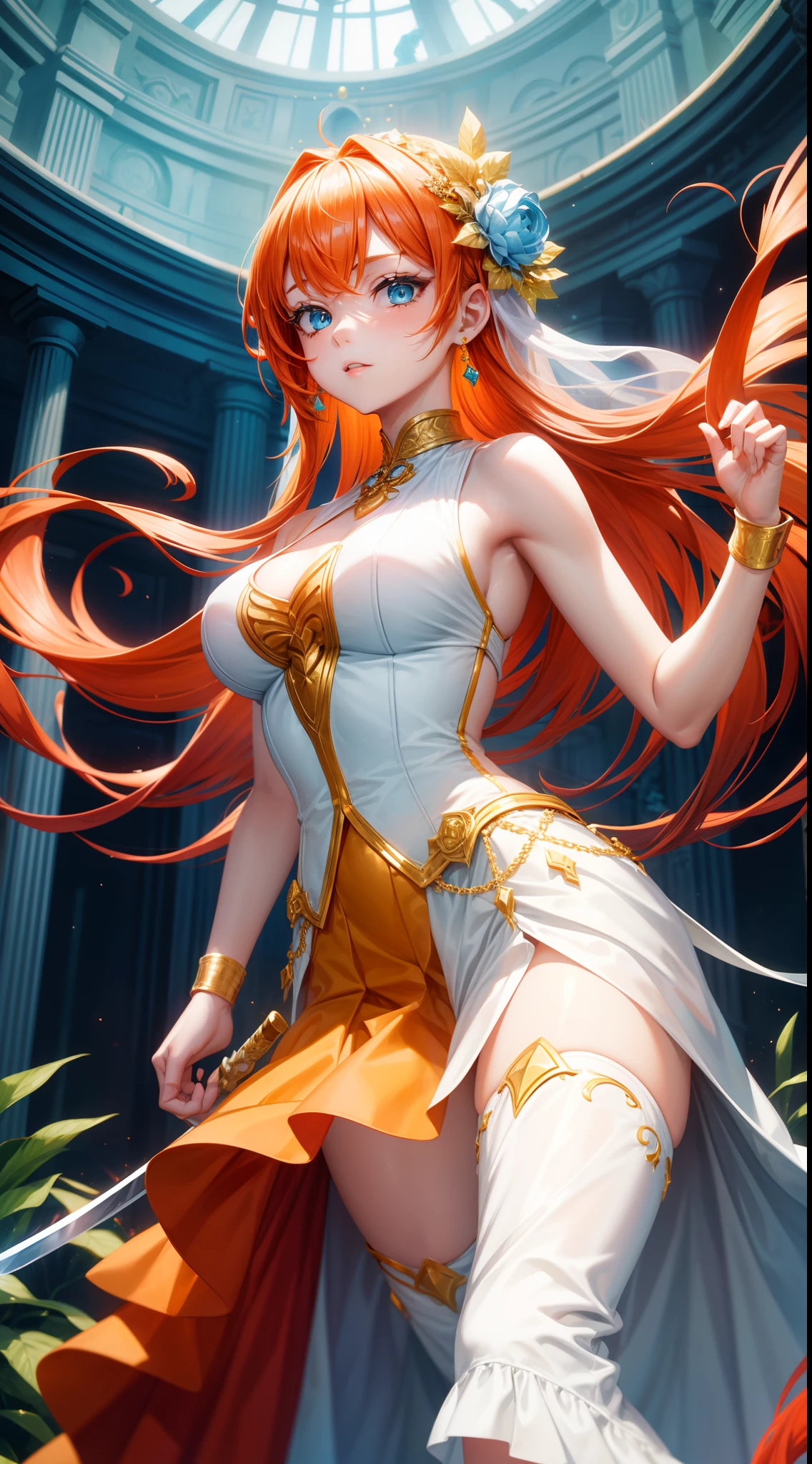 young girl, llong orange hair, Cyan eyes, white fencing dress, Sleeveless, open breasts, long skirt, sword, Gold Elements, gems, Masterpiece, hiquality