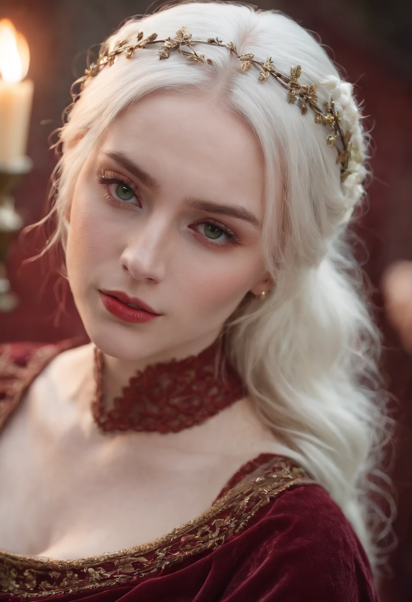 (((a deep reddish wound crosses her left cheek))) fair complexion, woman around 19 years old, natural white hair, distinctive green eyes, wearing kohl, slender and graceful, beautiful, candlelight in a medieval setting, ultra sharp focus, realistic shot, medieval female clothes, tetradic colors (scar:1.4)
