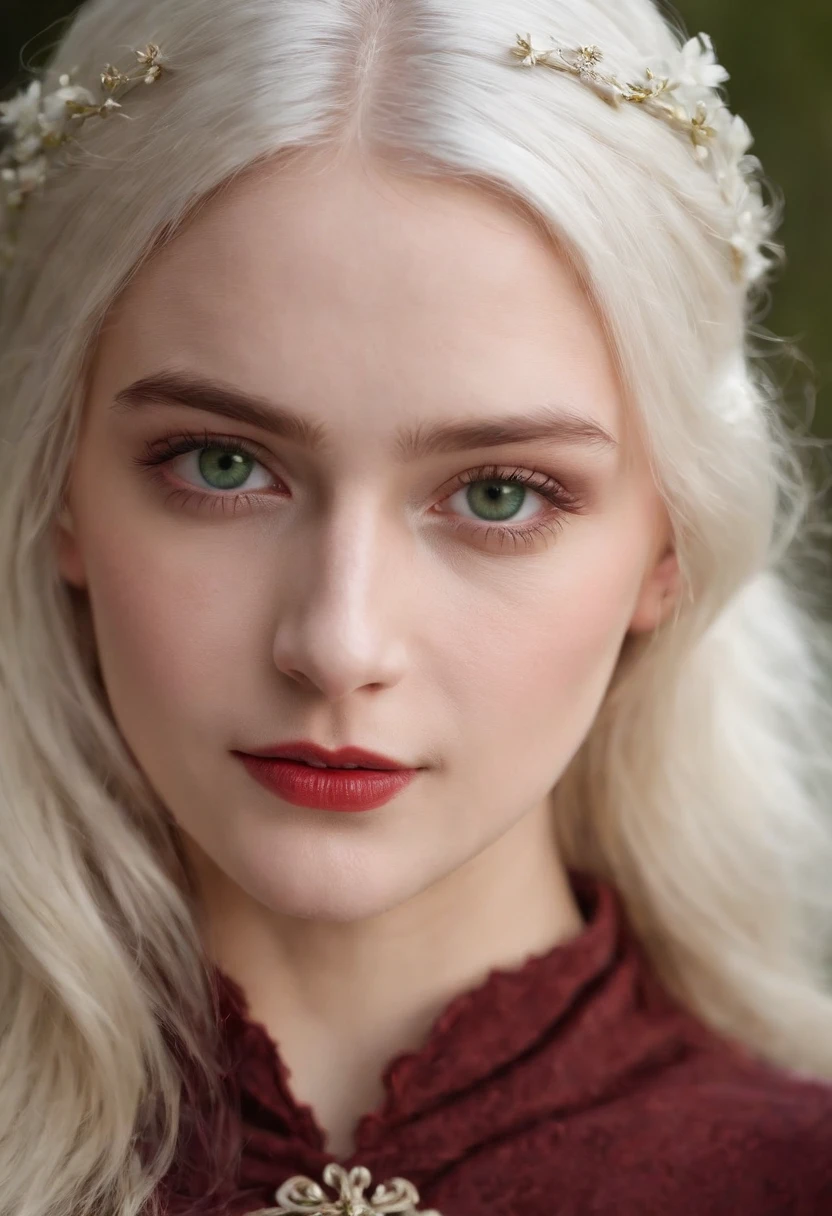 (((a deep reddish wound crosses her left cheek))) fair complexion, woman around 19 years old, natural white hair, distinctive green eyes, wearing kohl, slender and graceful, beautiful, candlelight in a medieval setting, ultra sharp focus, realistic shot, medieval female clothes, tetradic colors (scar:1.4)