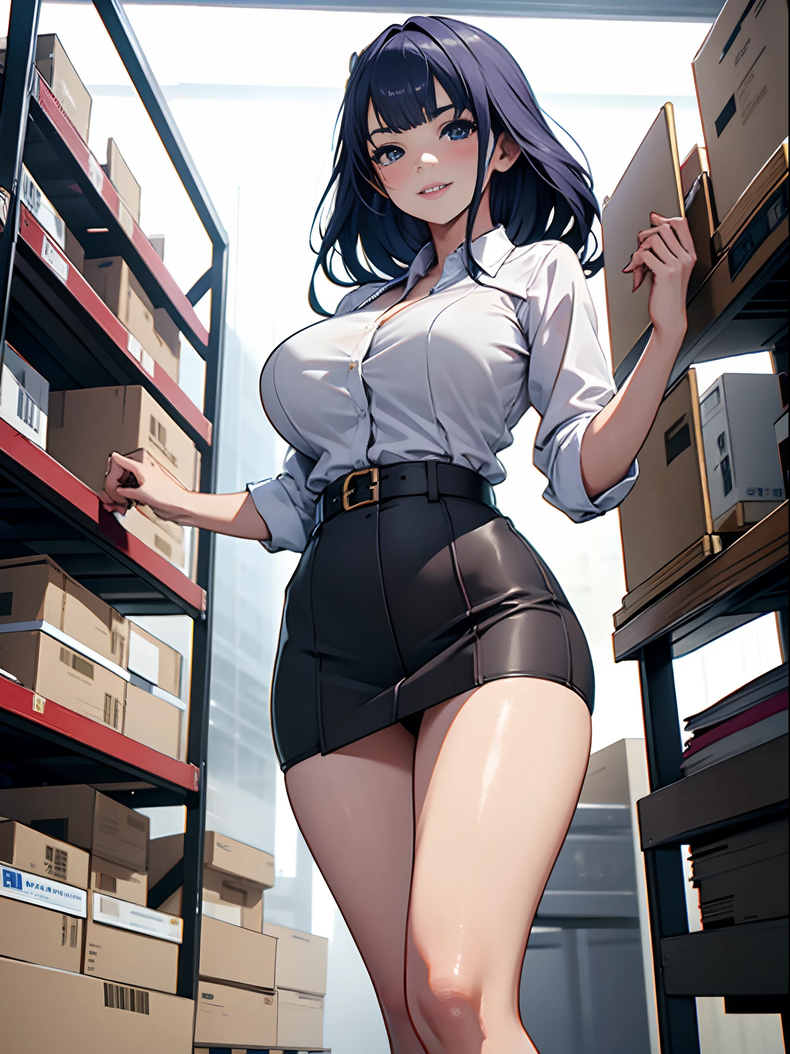 NSFW, 1girll, RAW photo , Best quality , Masterpiece , Photorealistic , Realistic details , Realistic proportions , A detailed face , face round , Whole body , full bodyesbian , Japanese female office worker , A MILF , attractive mature lady , 20yr old, Seductive smile , Curvy , secretary , Very short miniskirt:1.4 , Skirt lift 1.8 , Panty shots:1.2 , a garter belt ,Pantyhose , Spread legs, Transparent blouse:1.5 ,Bra compartment shirt:1.5 ,glistning skin , ,Stand in the warehouse , Dynamic lighting, Extra-large big breasts,blush,
