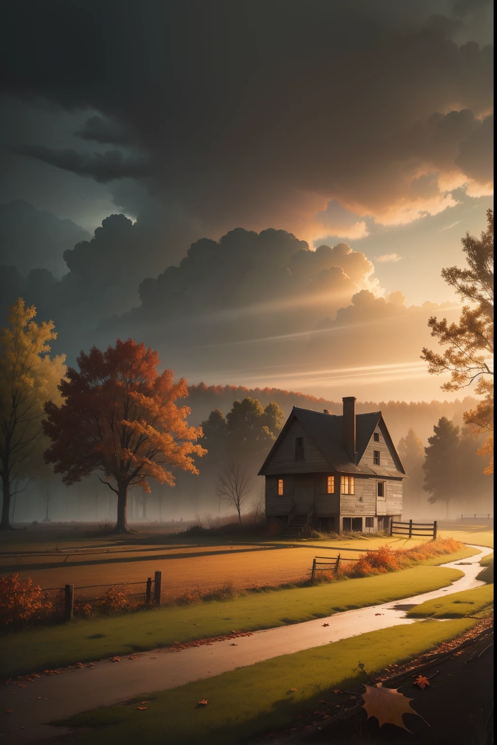 A painting of an autumn landscape, green trees and autumn trees, with an abandoned, broken down house, dark evening sky.