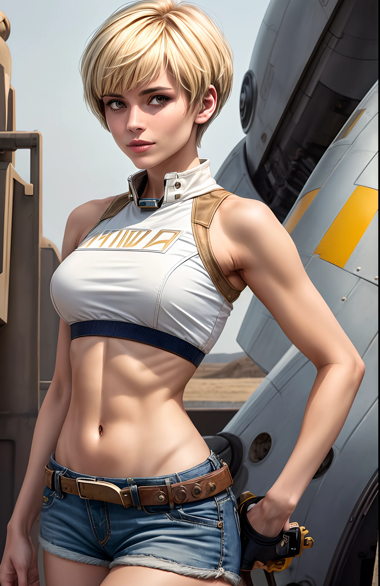 beautiful Female starship engineer, Pixie cut, blonde, crop top, midriff , 1girl, shorts, cowboy shot