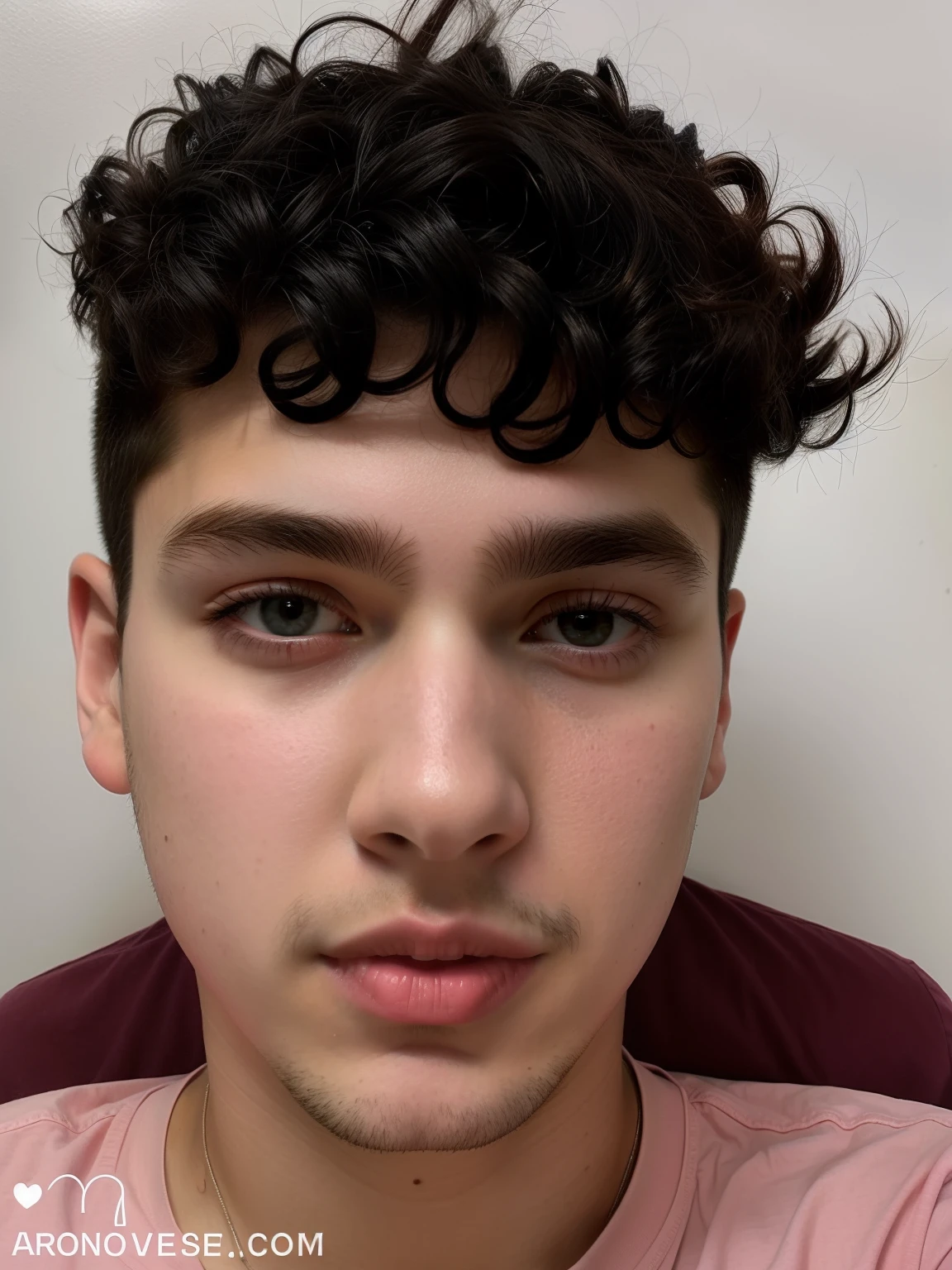 There's a young man in a pink shirt and curly black hair, 18 anos, em torno de 1 9 anos, 1 6 anos, 2 3 anos, 2 2 anos, 21 anos, com face normal, rosto raspado limpo, 2 7 anos, com rosto preciso,