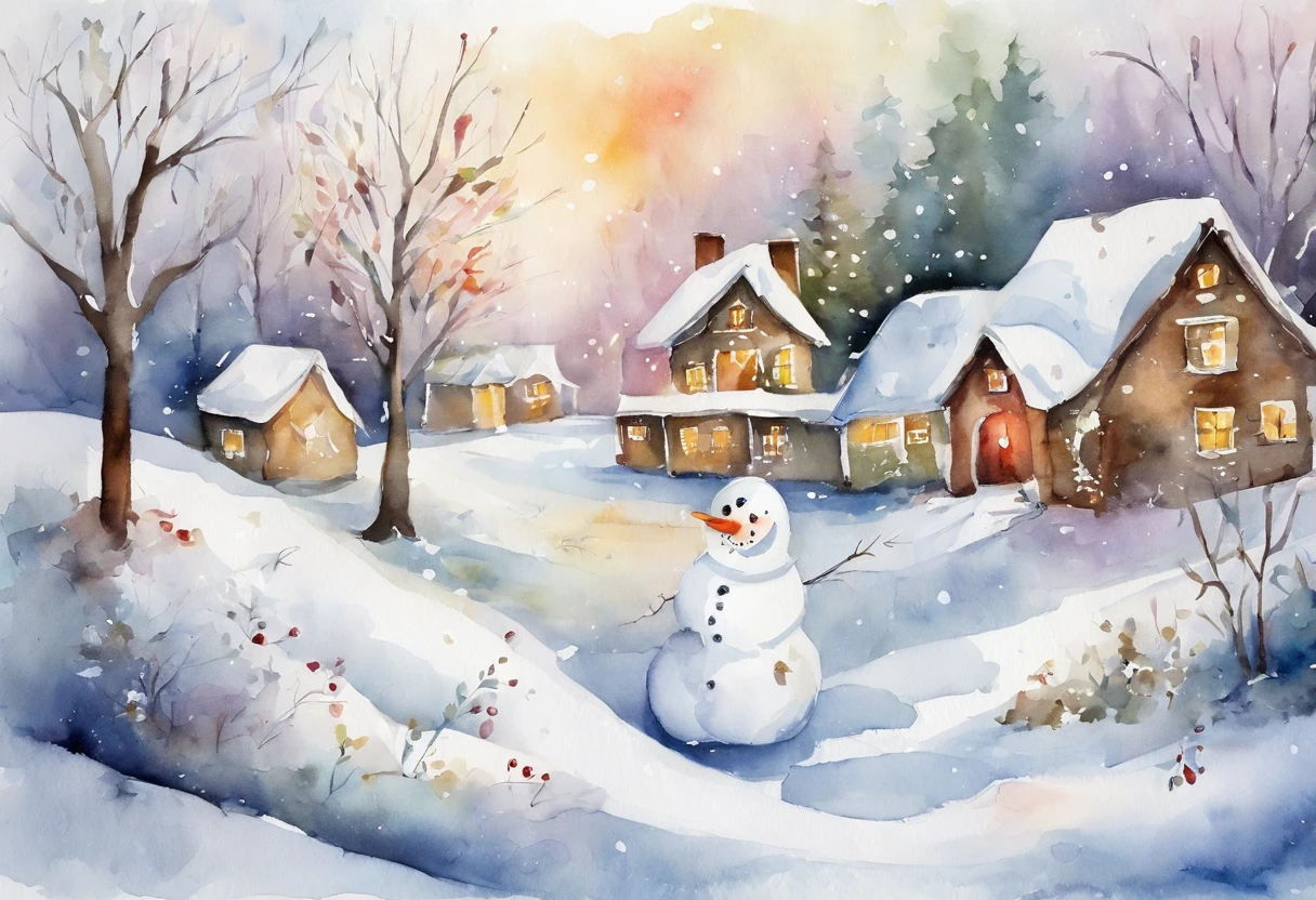 Painting of a snowman in a snowy village with a house and trees - SeaArt AI