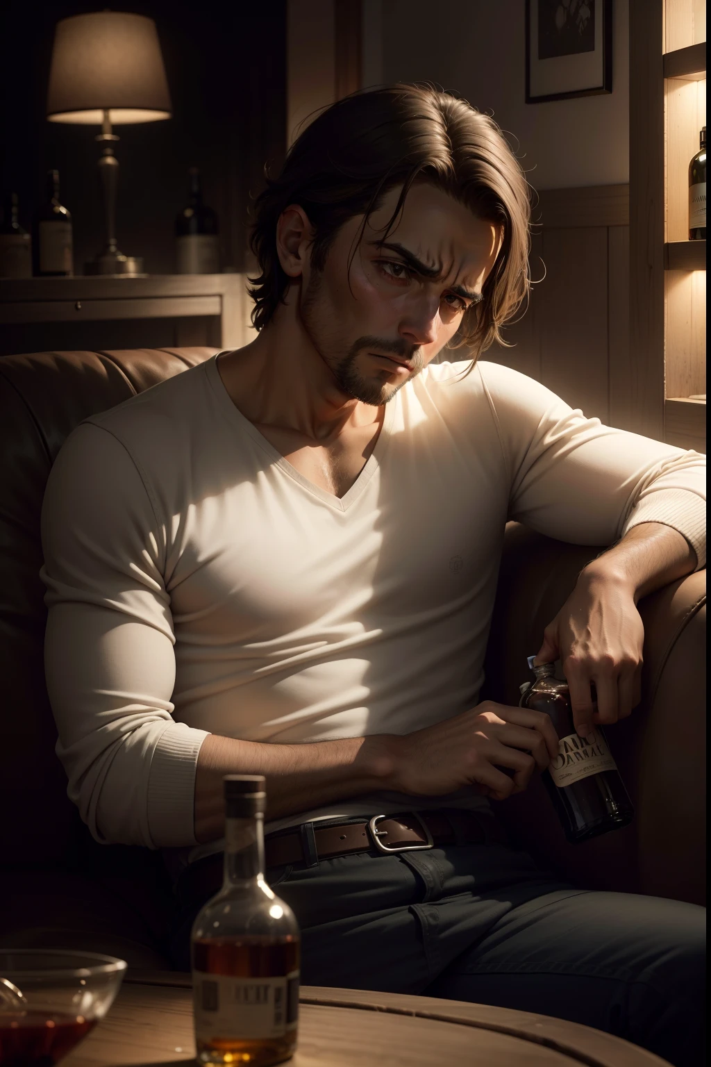 A worried-looking man, Lying on a couch, holding an empty bottle of liquor. Fundo: Um ambiente desarrumado, emphasizing the fight against addiction. Atmosfera: Sombria e desesperadora, reflecting the negative impact of addictions. Detalhes: Sad and despondent facial expression of the person, garrafa vazia destacada. Uplighting: Dim light and sharp shadows to create a melancholic mood. resolution: High resolution to capture every detail of the scene.